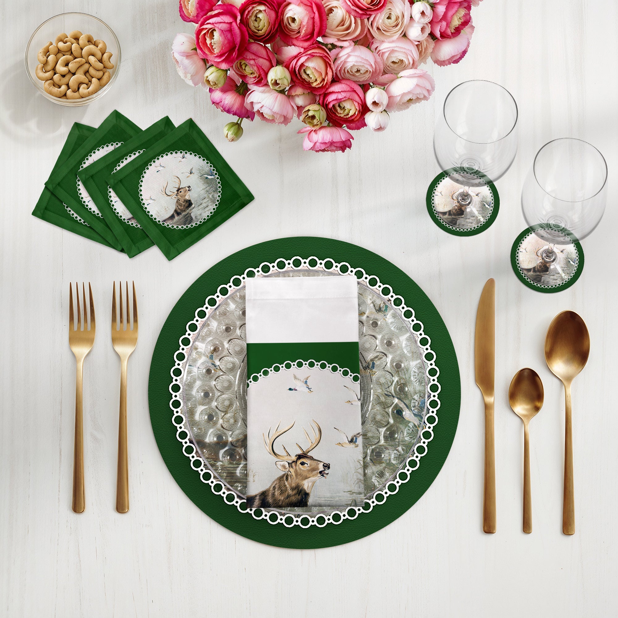 English Stag Green 16" Round Pebble Placemats, Set of 4 - nicolettemayer.com