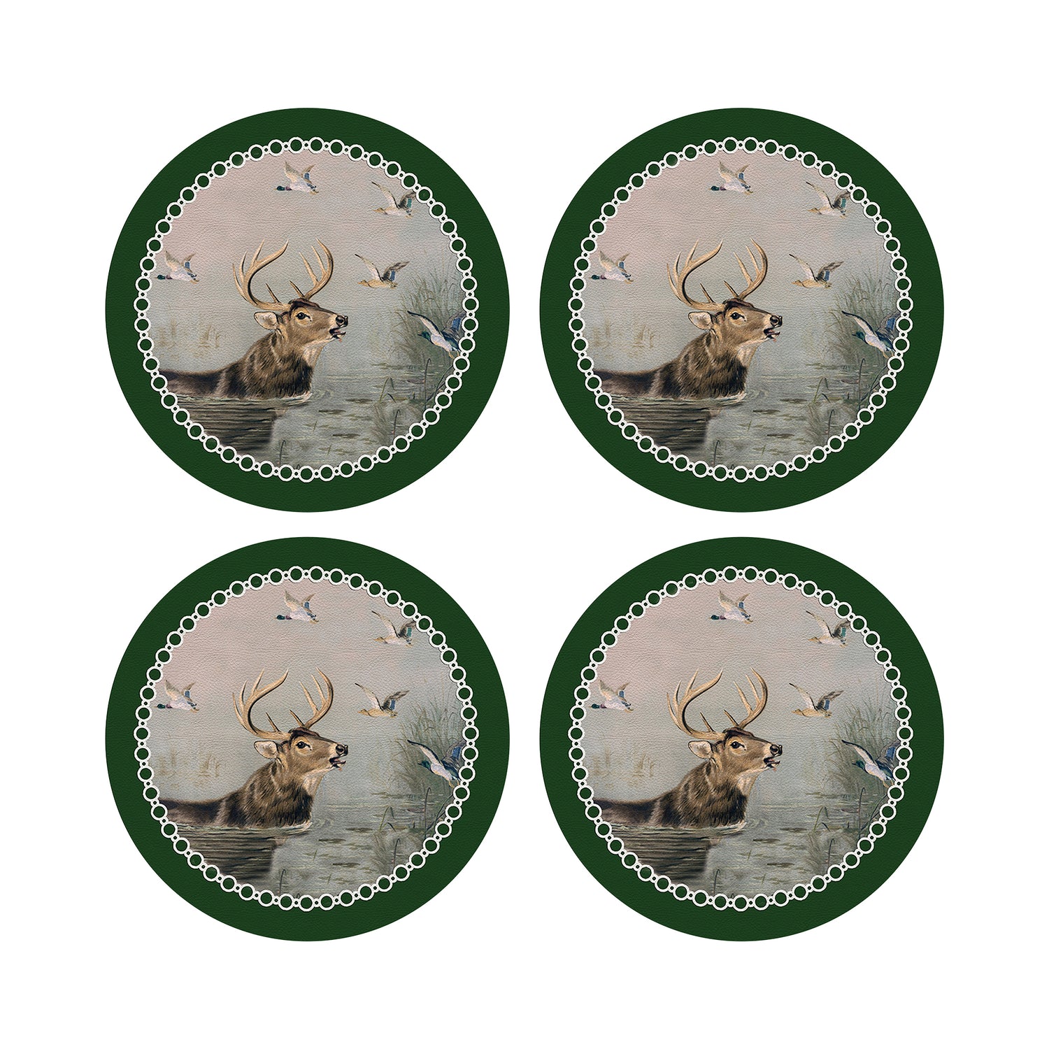 English Stag Green 16" Round Pebble Placemats, Set of 4 - nicolettemayer.com