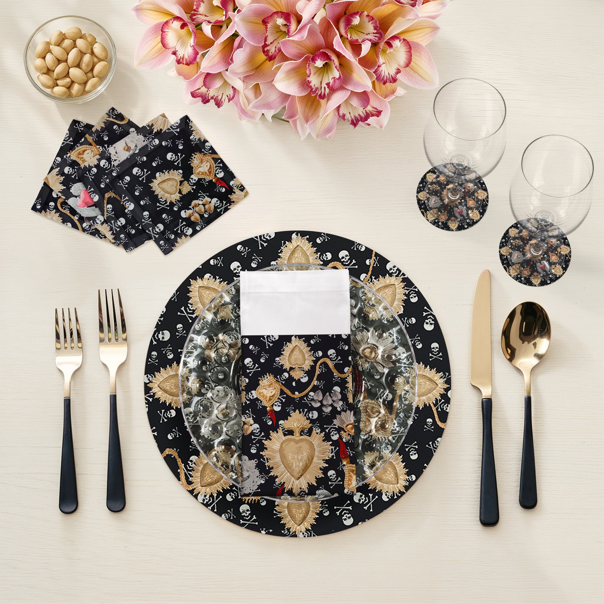 Ex Vote Skulls Black 16" Round Pebble Placemat Set of 4 - nicolettemayer.com