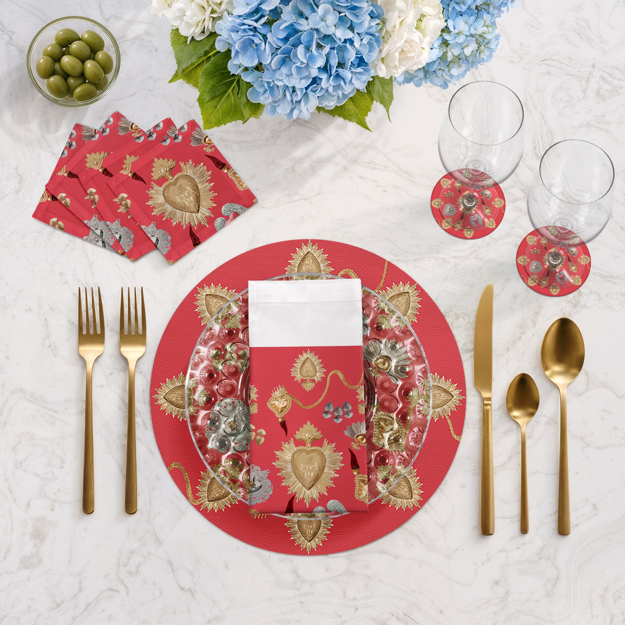 Ex Vote Sacred Hearts Crimson 16" Round Pebble Placemats, Set of 4 - nicolettemayer.com