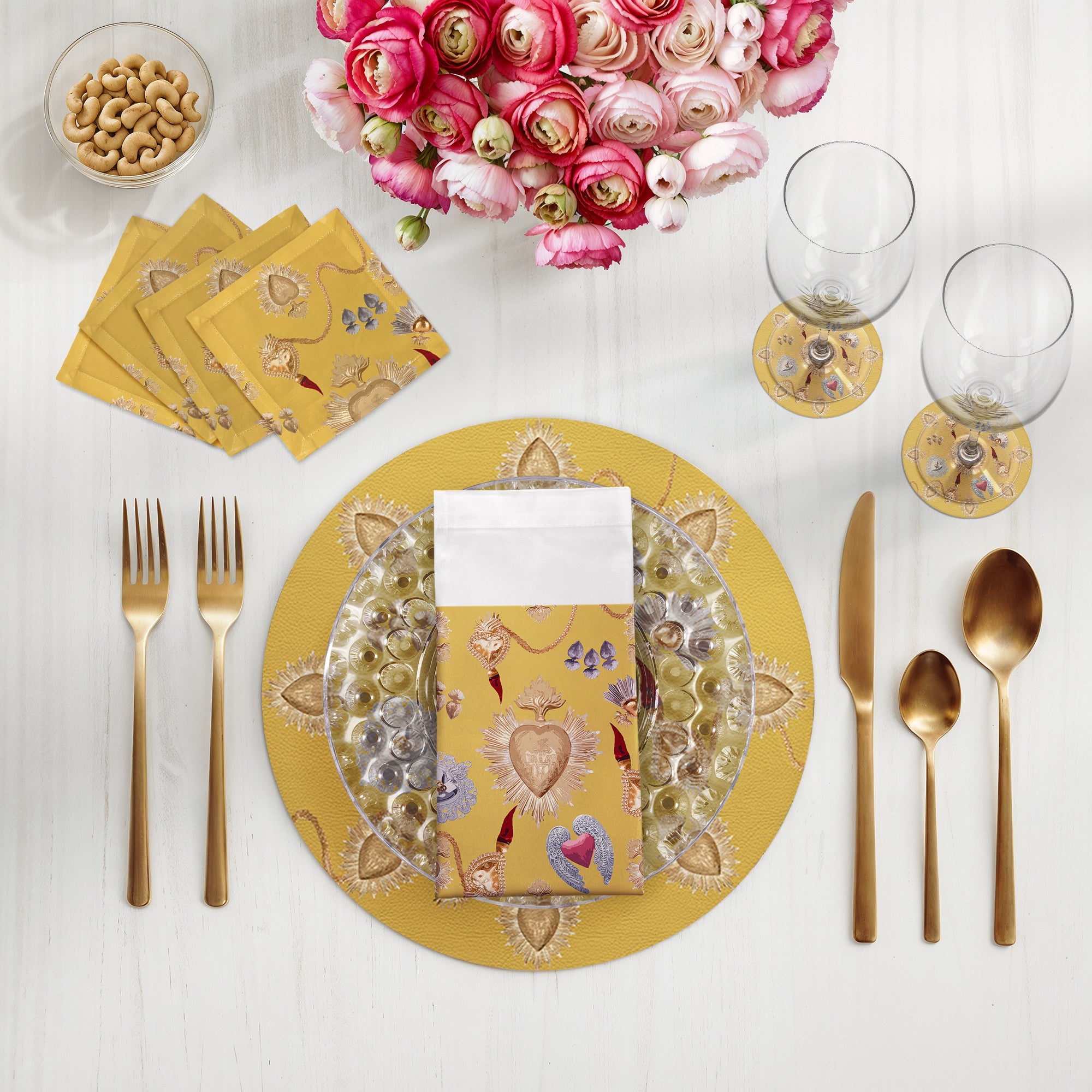 Ex Vote Sacred Hearts Gold 16" Round Pebble Placemats, Set of 4 - nicolettemayer.com