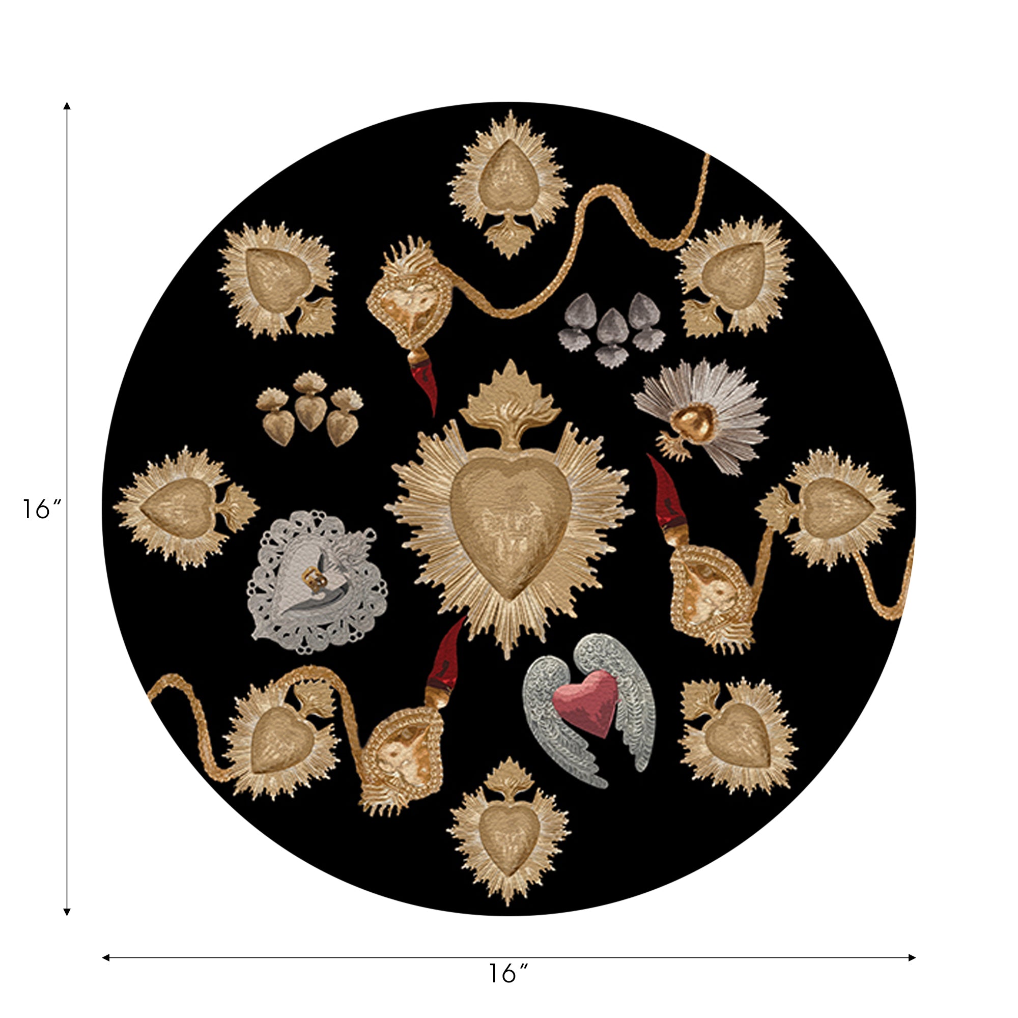 Ex Vote Sacred Hearts Black 16" Round Pebble Placemats, Set of 4 - nicolettemayer.com