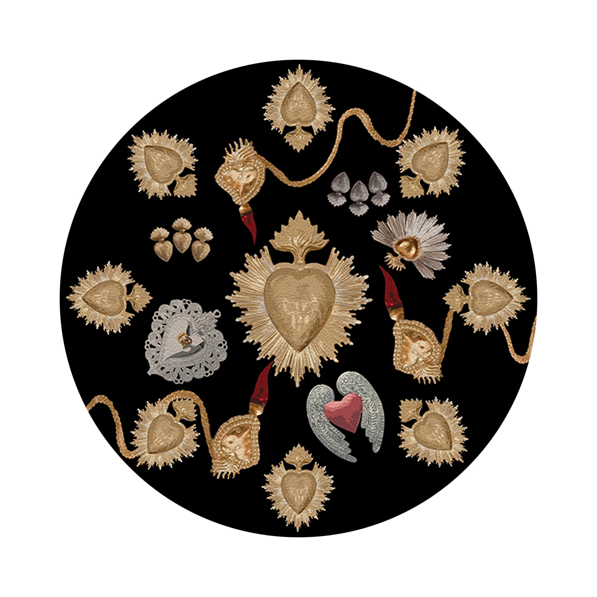 Ex Vote Sacred Hearts Black 16" Round Pebble Placemats, Set of 4 - nicolettemayer.com