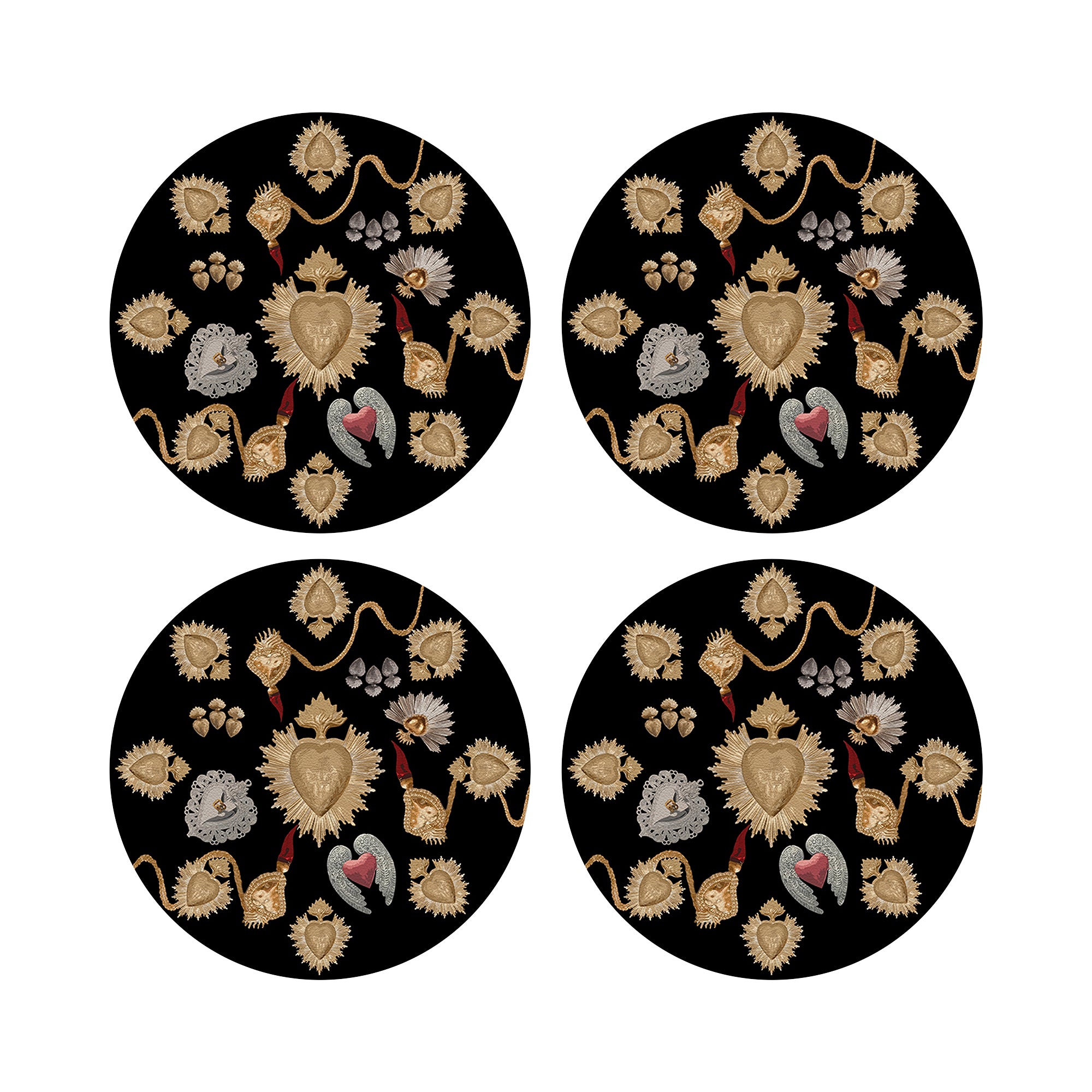 Ex Vote Sacred Hearts Black 16" Round Pebble Placemats, Set of 4 - nicolettemayer.com