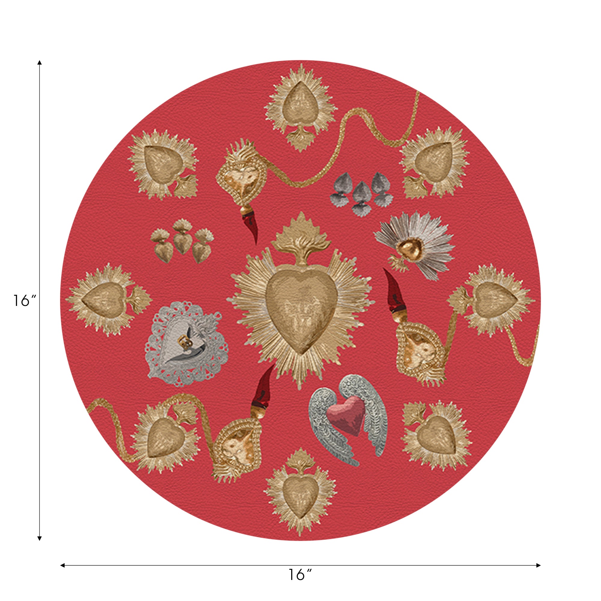 Ex Vote Sacred Hearts Crimson Vegan Leather Round Pebble Placemat - nicolettemayer.com