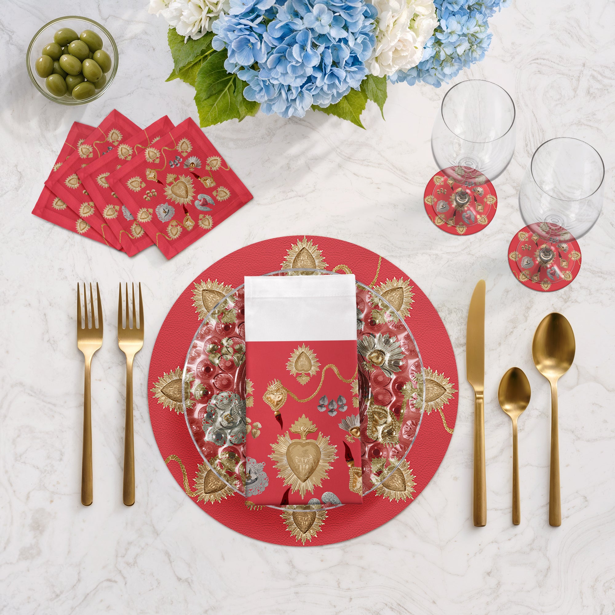 Ex Vote Sacred Hearts Crimson 16" Round Pebble Placemats, Set of 4 - nicolettemayer.com