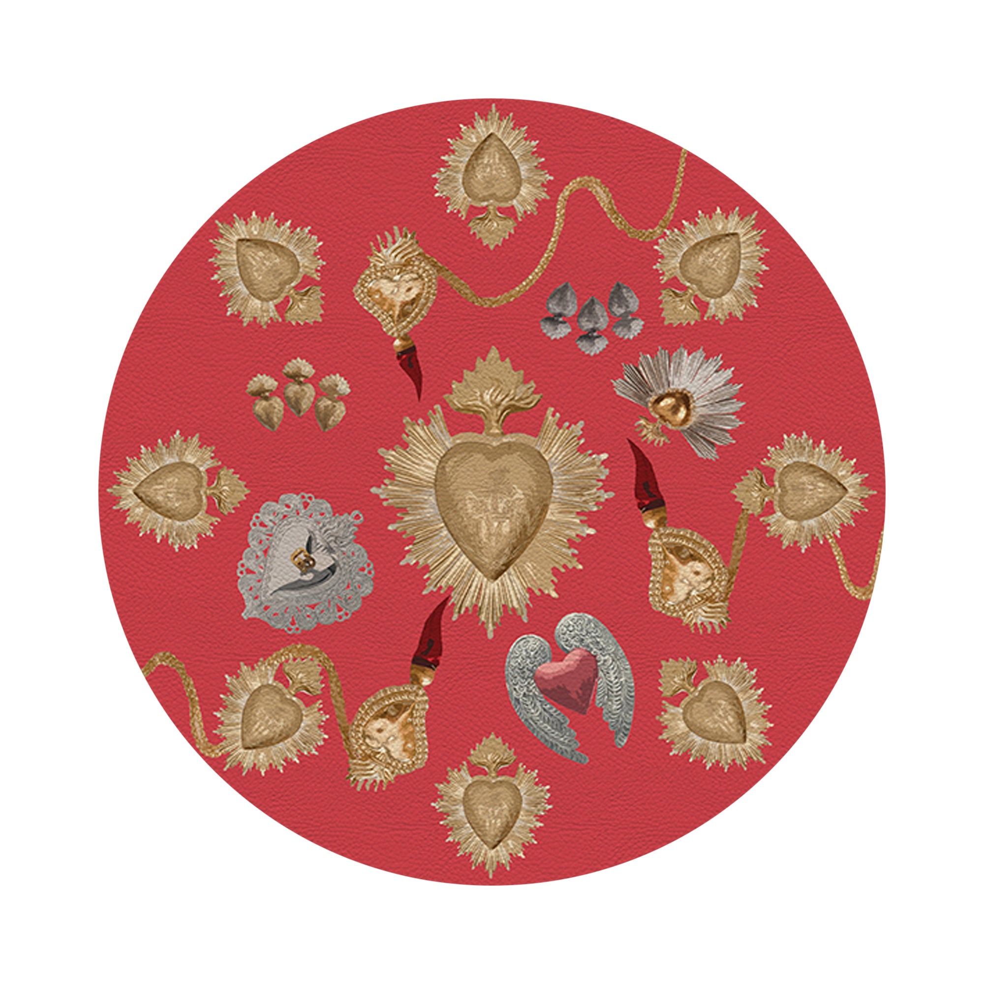Ex Vote Sacred Hearts Crimson Vegan Leather Round Pebble Placemat - nicolettemayer.com