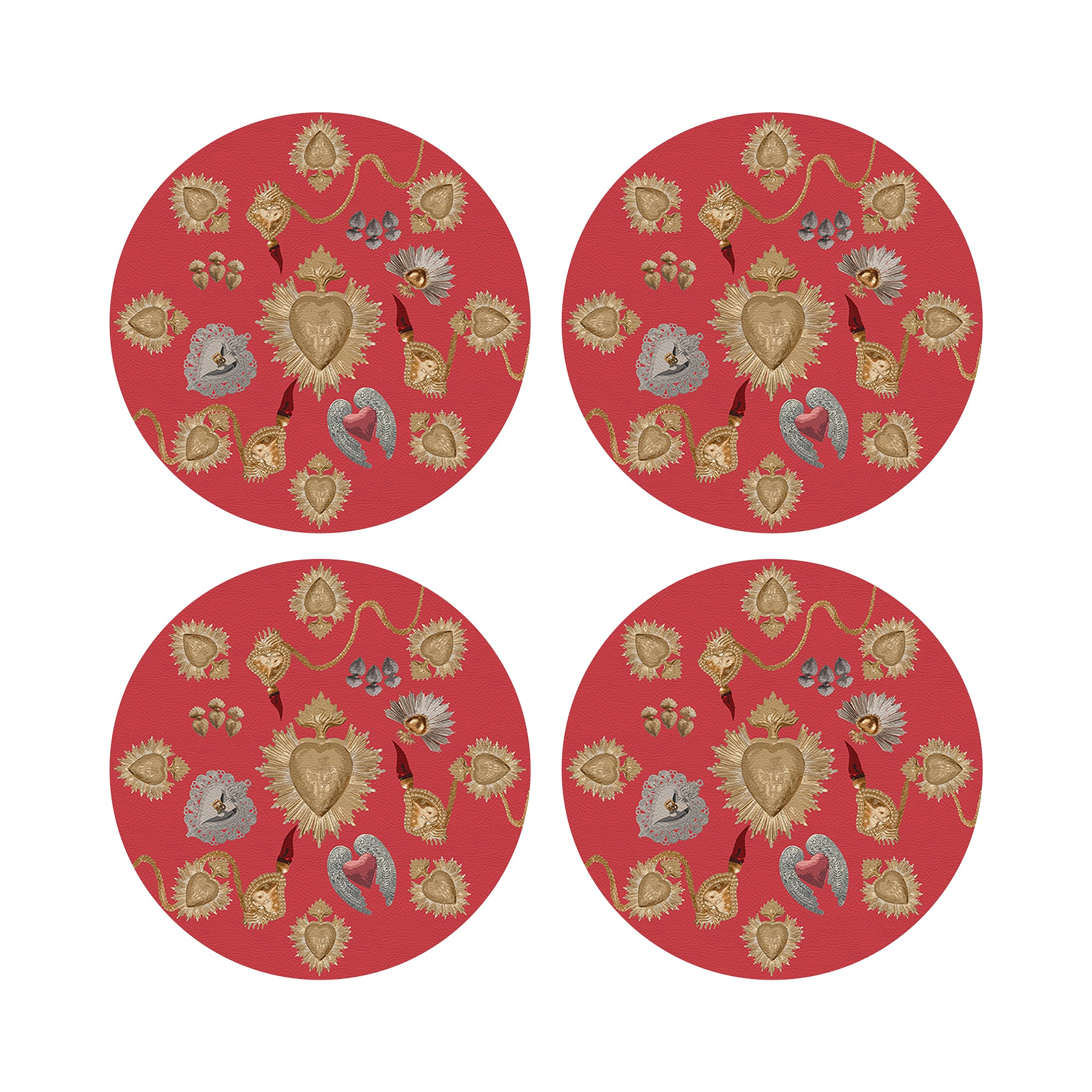 Ex Vote Sacred Hearts Crimson Vegan Leather Round Pebble Placemat - nicolettemayer.com