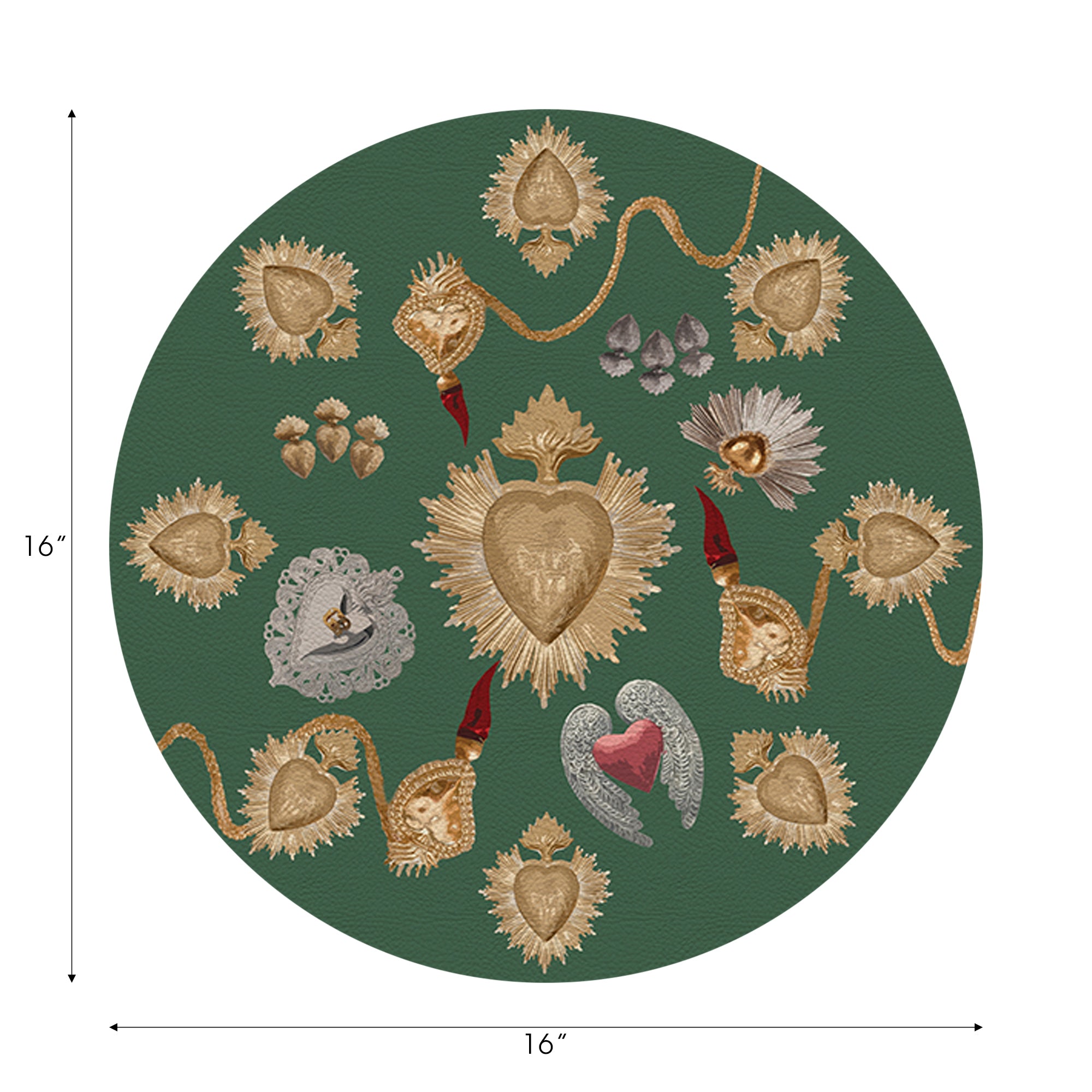 Ex Vote Sacred Hearts Evergreen Vegan Leather Round Pebble Placemat - nicolettemayer.com