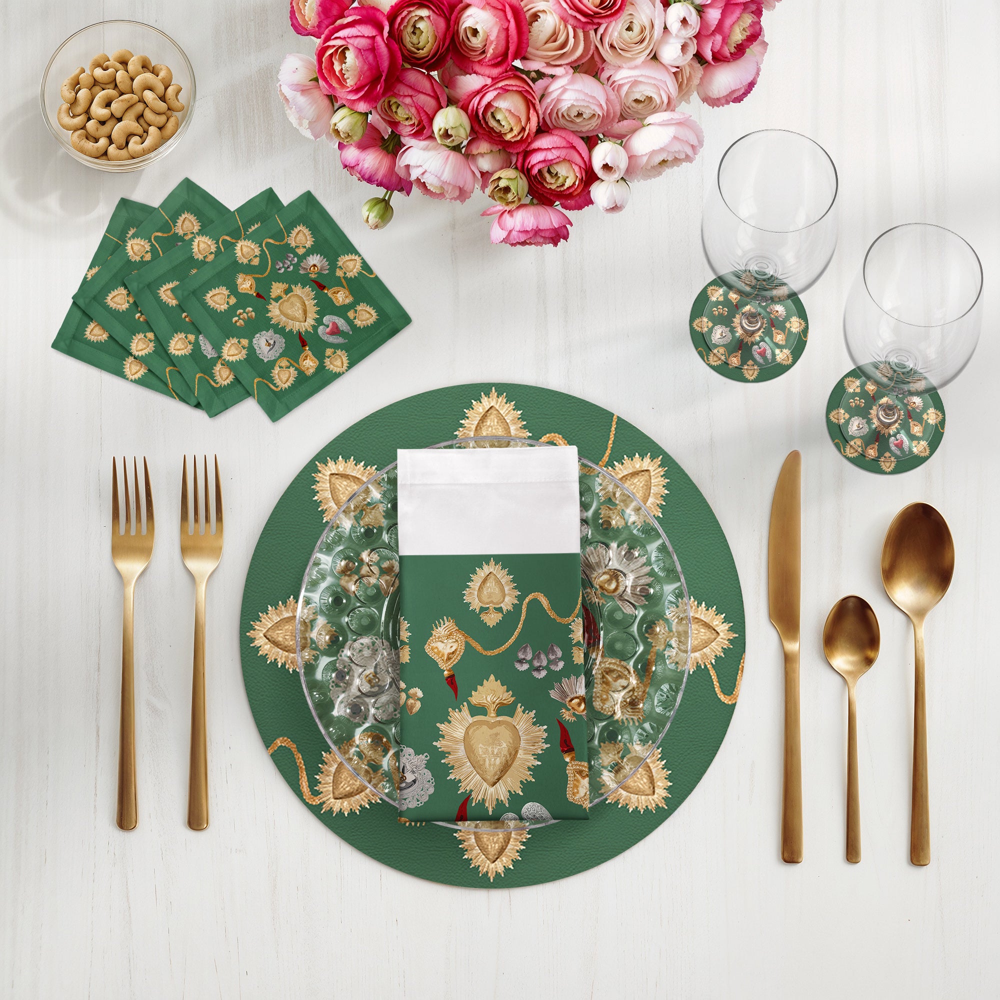 Ex Vote Sacred Hearts Evergreen 16" Round Pebble Placemats, Set of 4 - nicolettemayer.com
