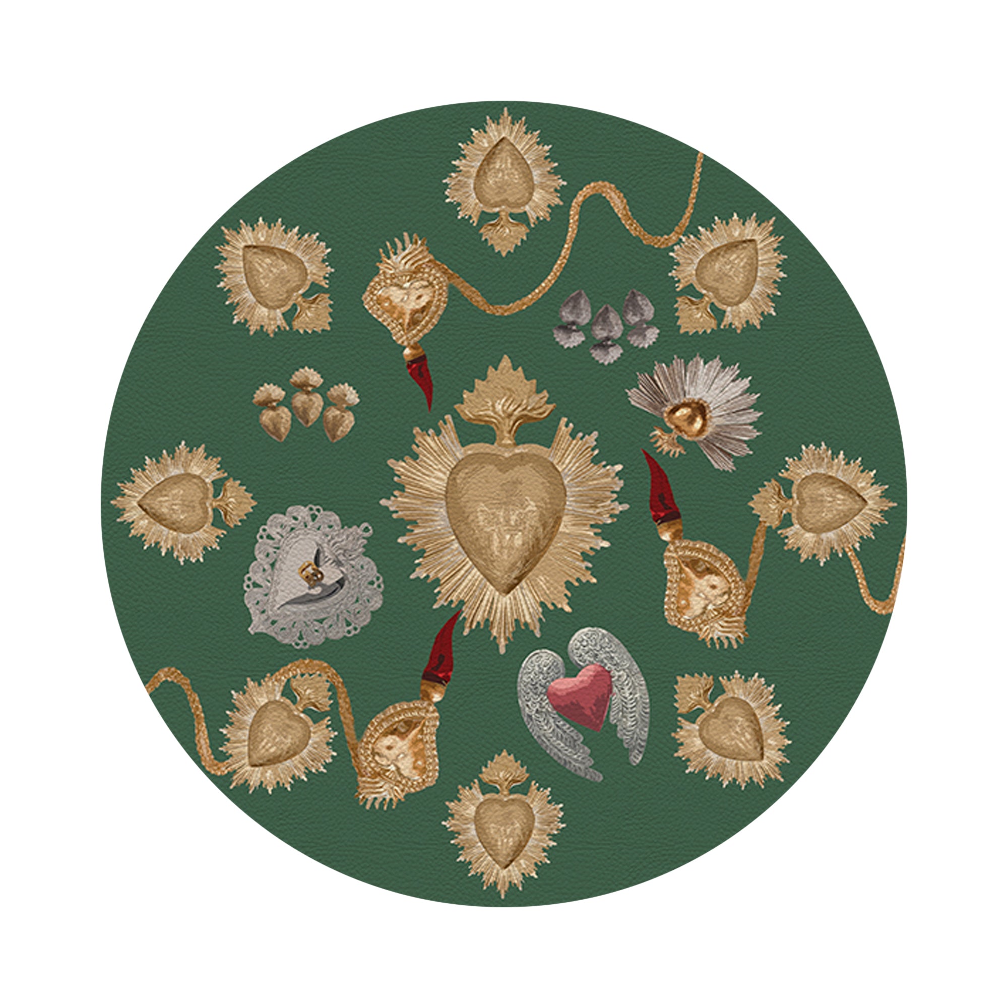 Ex Vote Sacred Hearts Evergreen Vegan Leather Round Pebble Placemat - nicolettemayer.com