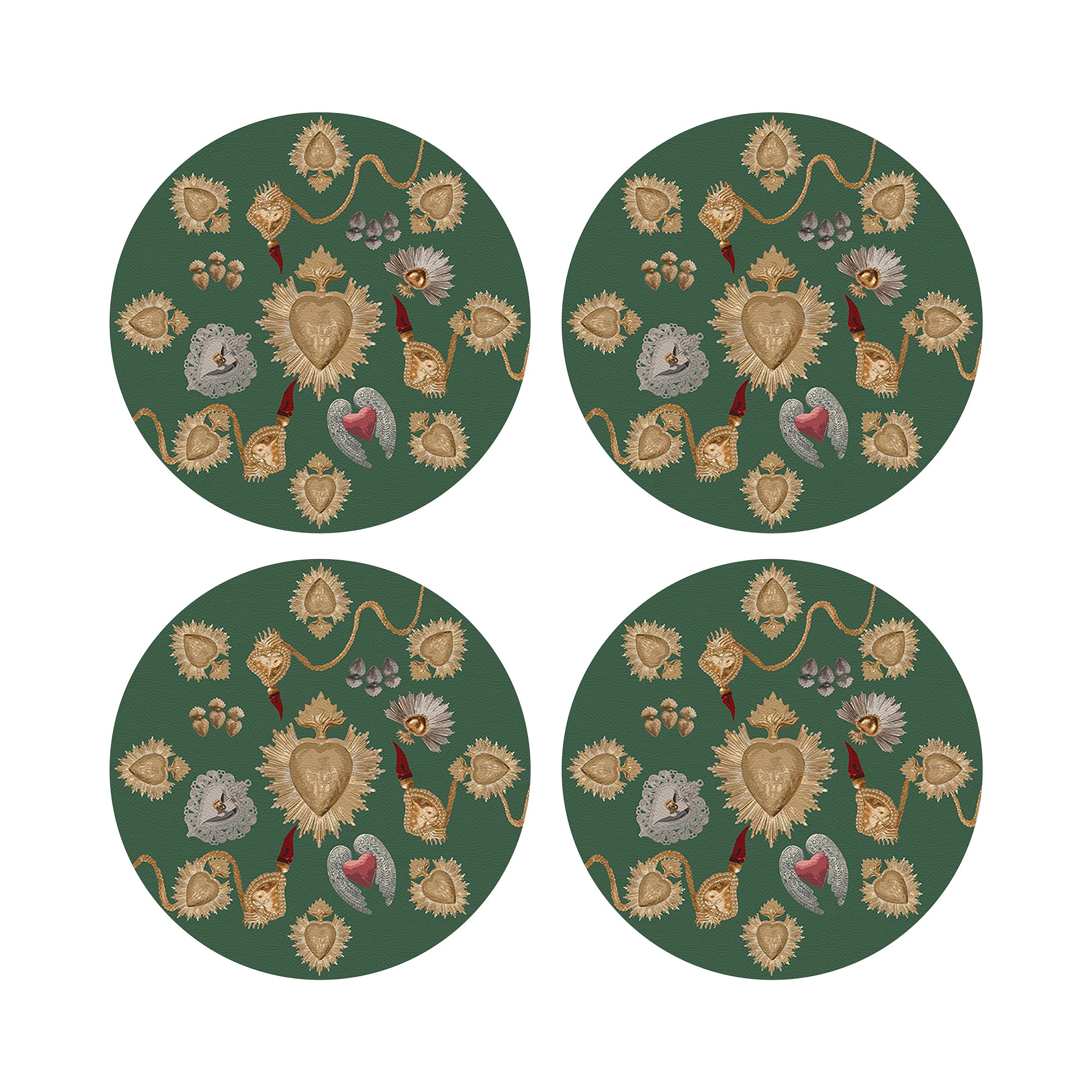 Ex Vote Sacred Hearts Evergreen Vegan Leather Round Pebble Placemat - nicolettemayer.com