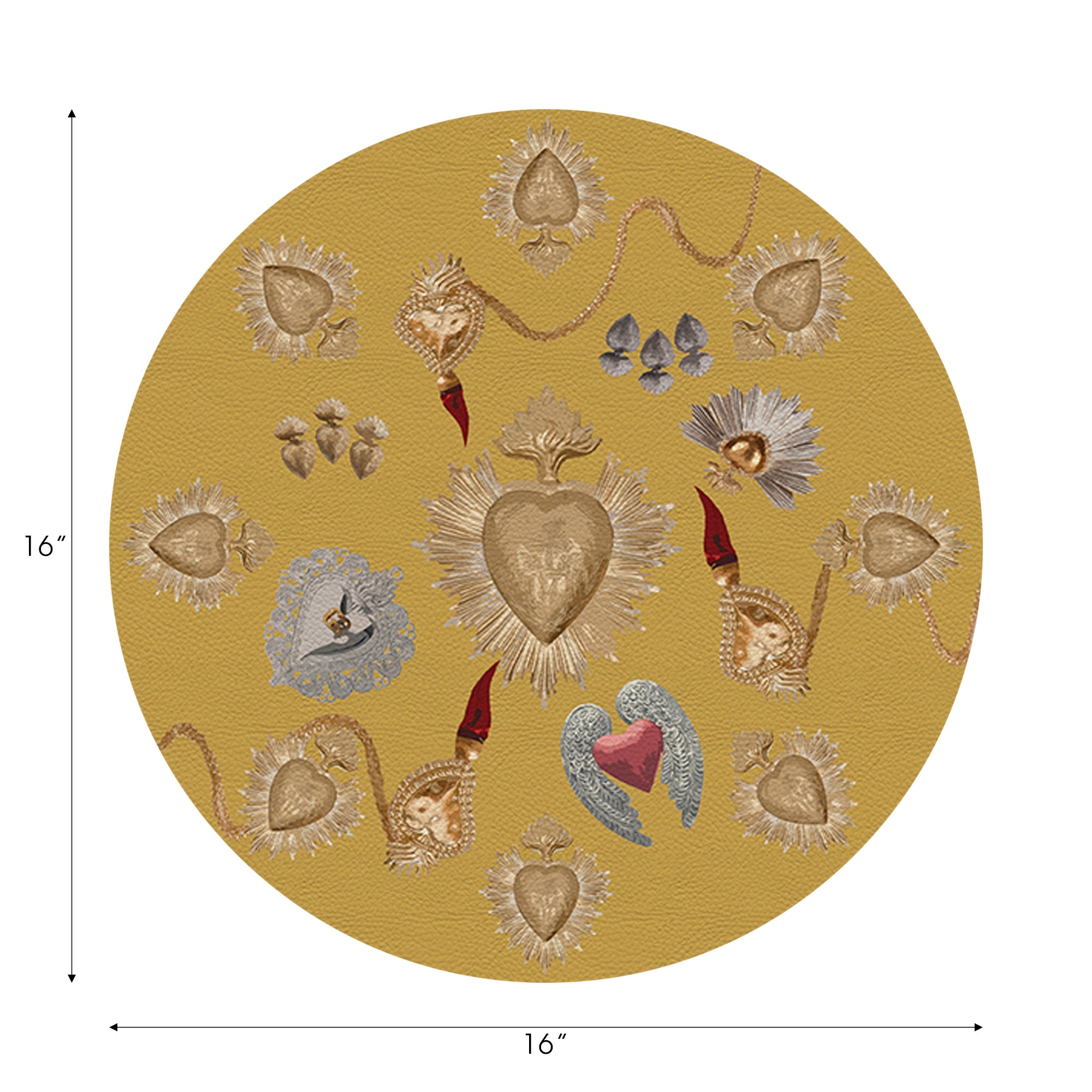 Ex Vote Sacred Hearts Gold Vegan Leather Round Pebble Placemat - nicolettemayer.com