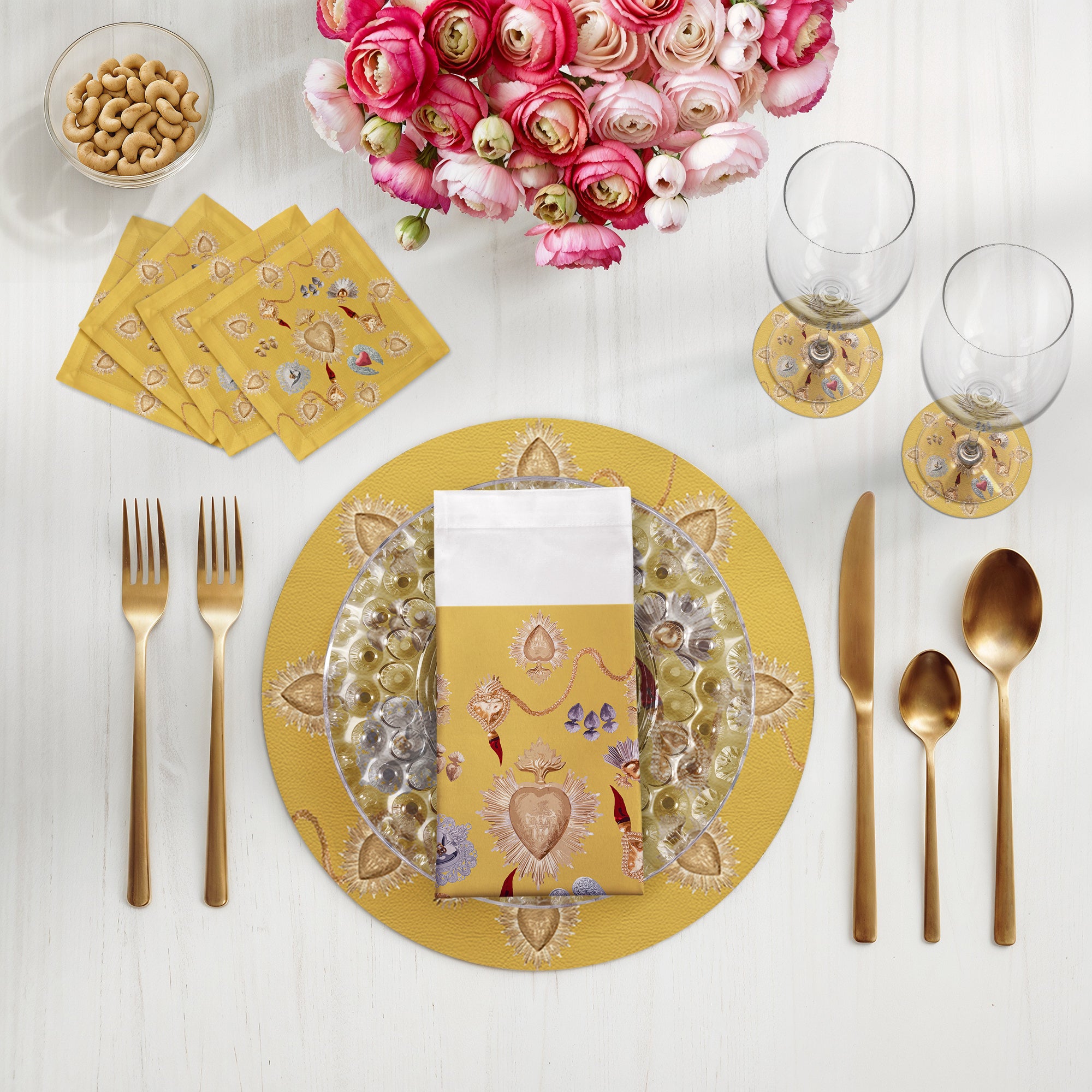 Ex Vote Sacred Hearts Gold 16" Round Pebble Placemats, Set of 4 - nicolettemayer.com