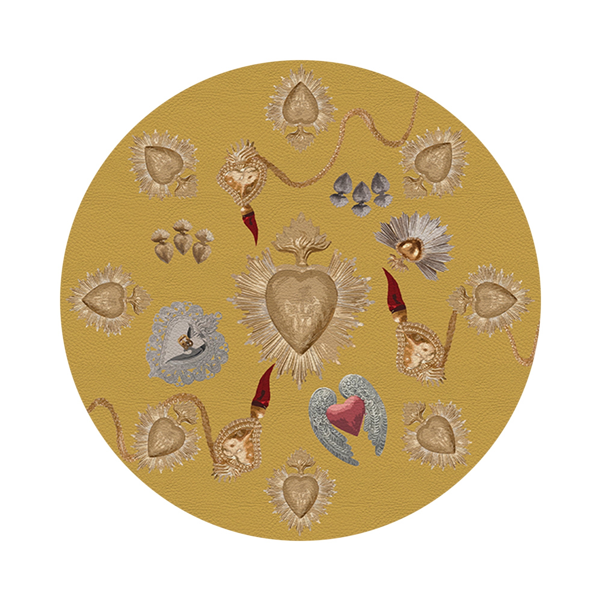 Ex Vote Sacred Hearts Gold Vegan Leather Round Pebble Placemat - nicolettemayer.com