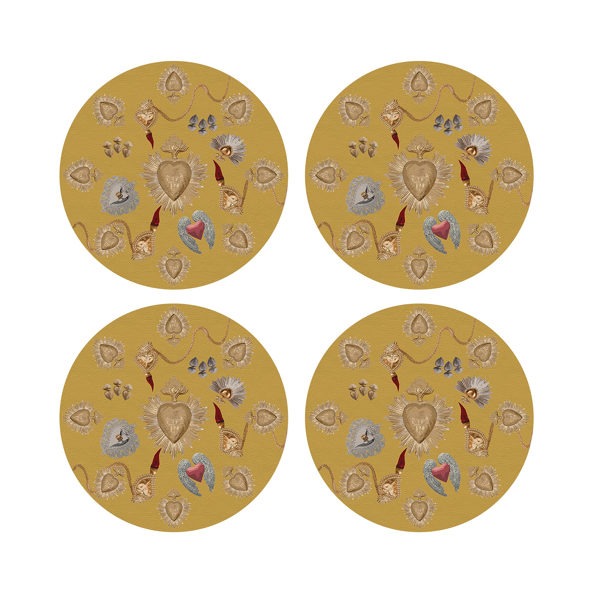 Ex Vote Sacred Hearts Gold Vegan Leather Round Pebble Placemat - nicolettemayer.com