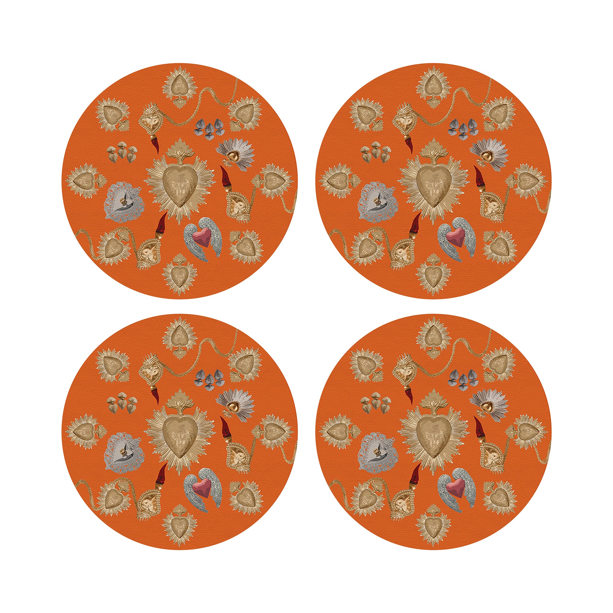 Ex Vote Sacred Hearts Orange 16" Round Pebble Placemats, Set of 4 - nicolettemayer.com