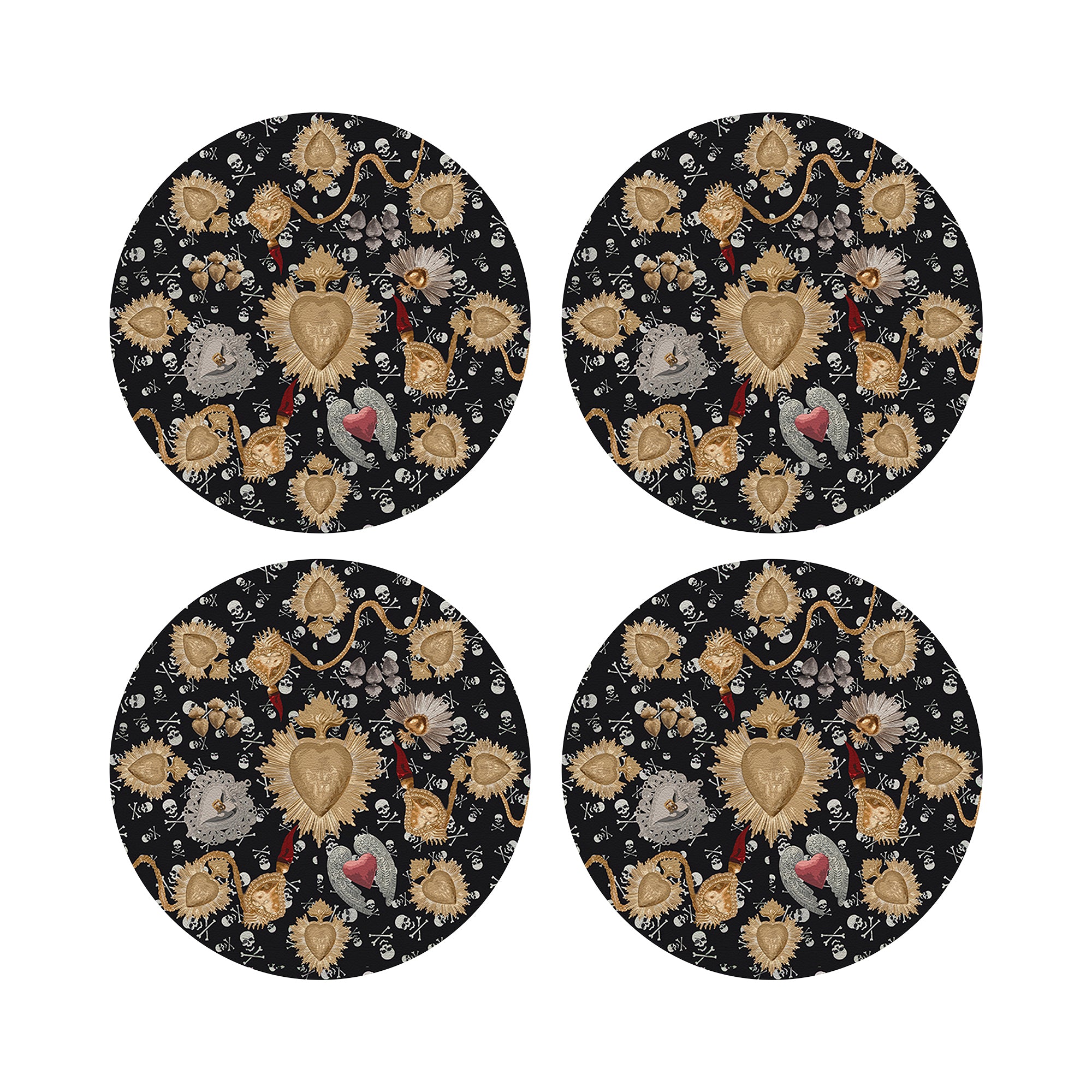 Ex Vote Skulls Black Vegan Leather Round Coasters