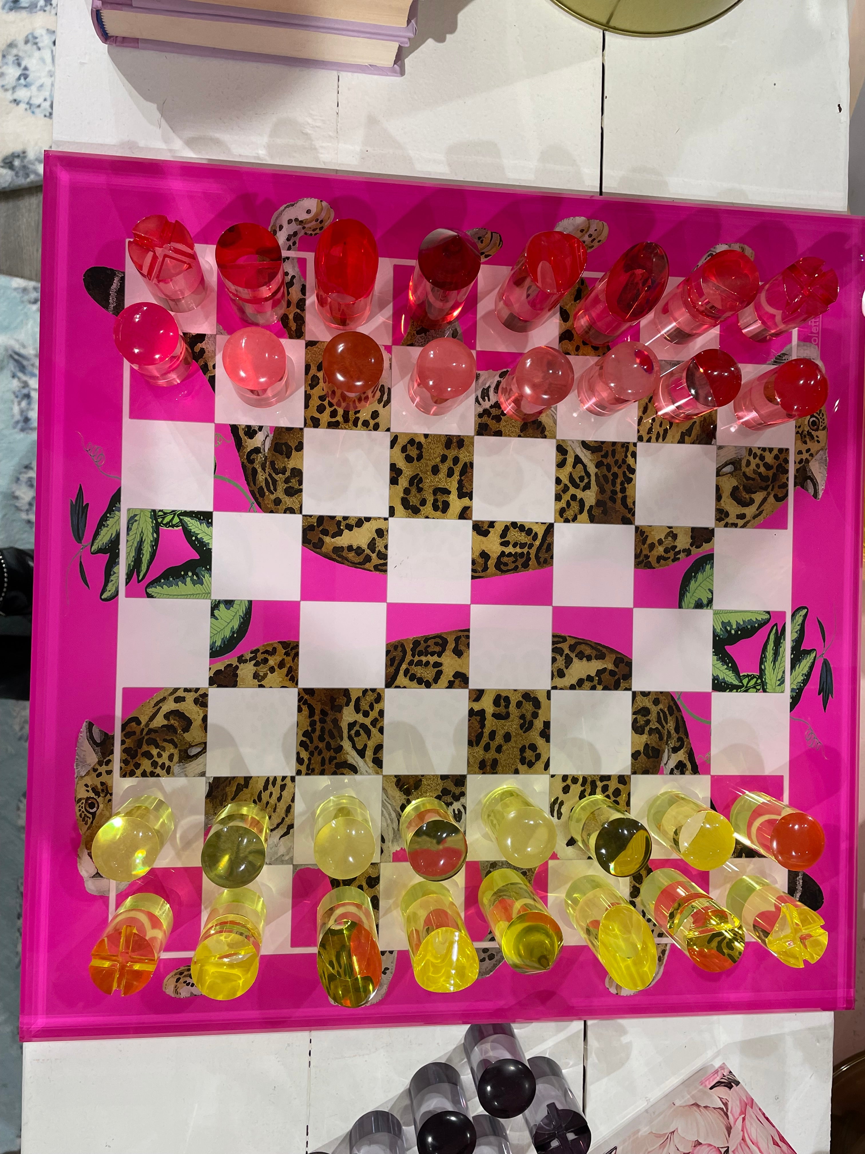 Leopard Seeing Double Hot Pink Acrylic Chess