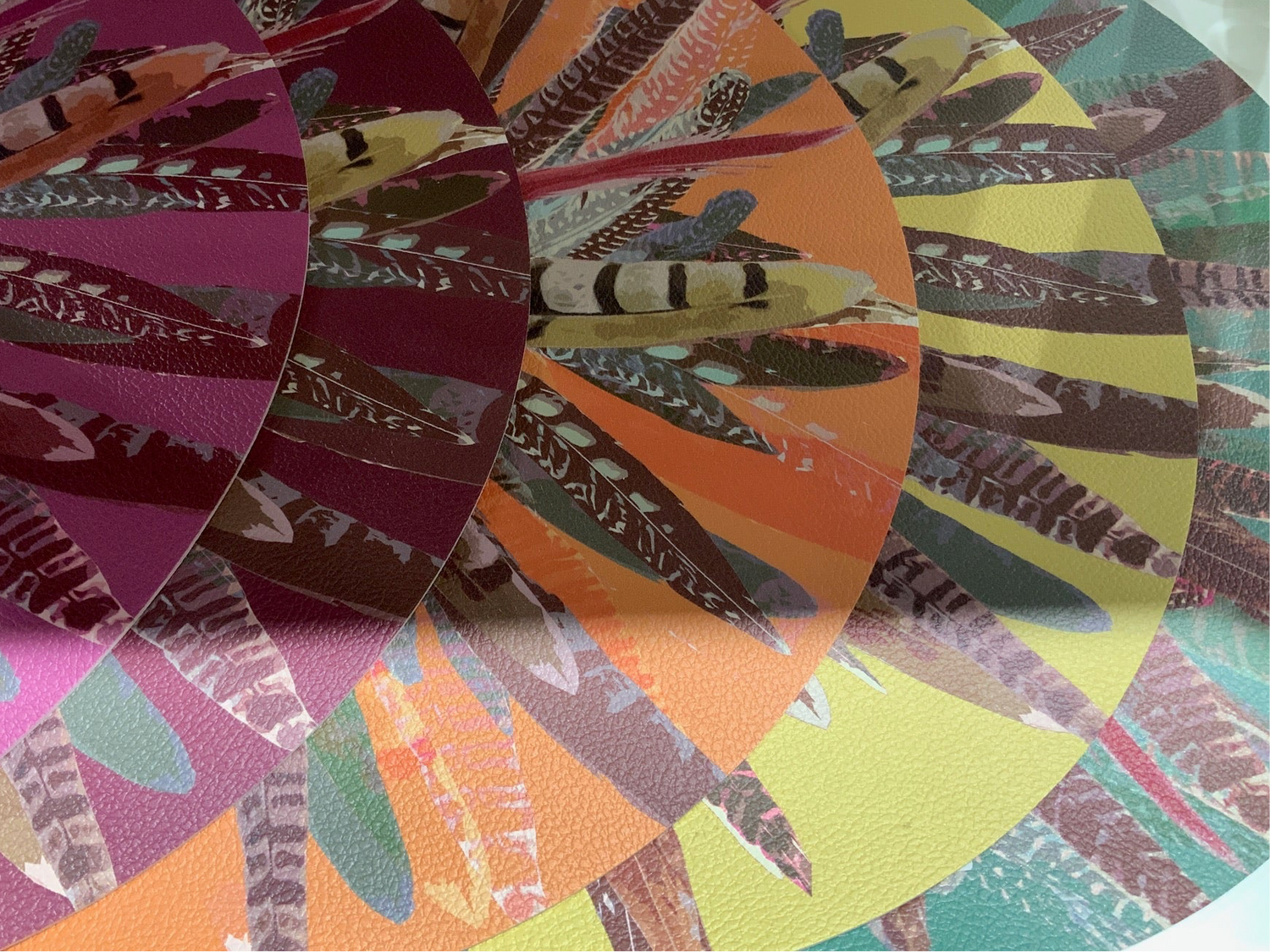 Pheasant Feathers Vegan Leather Round Pebble Placemat, Set of 6