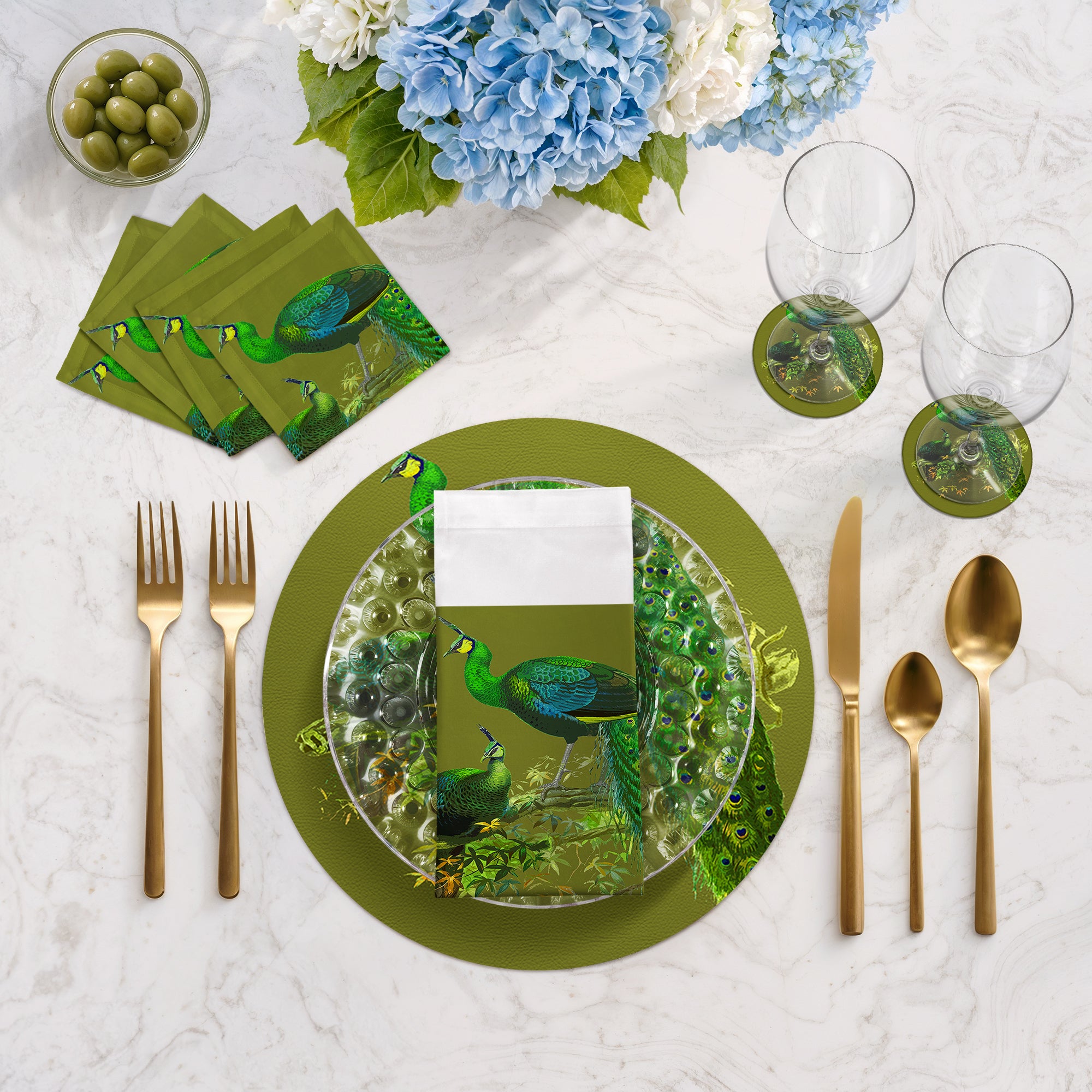 Family Pheasants Olive 16" Round Pebble Placemats, Set of 4 - nicolettemayer.com