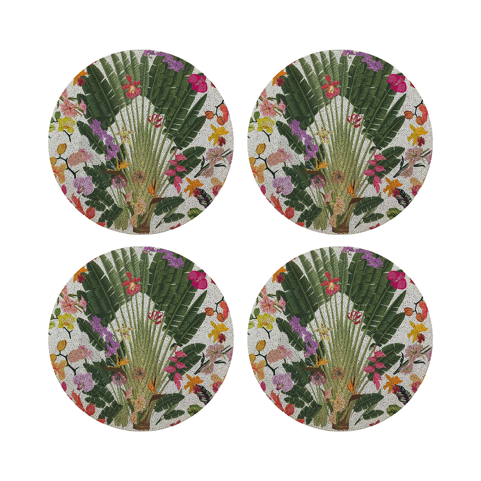 Fantasy Tropical White Round Beaded Placemat Smooth