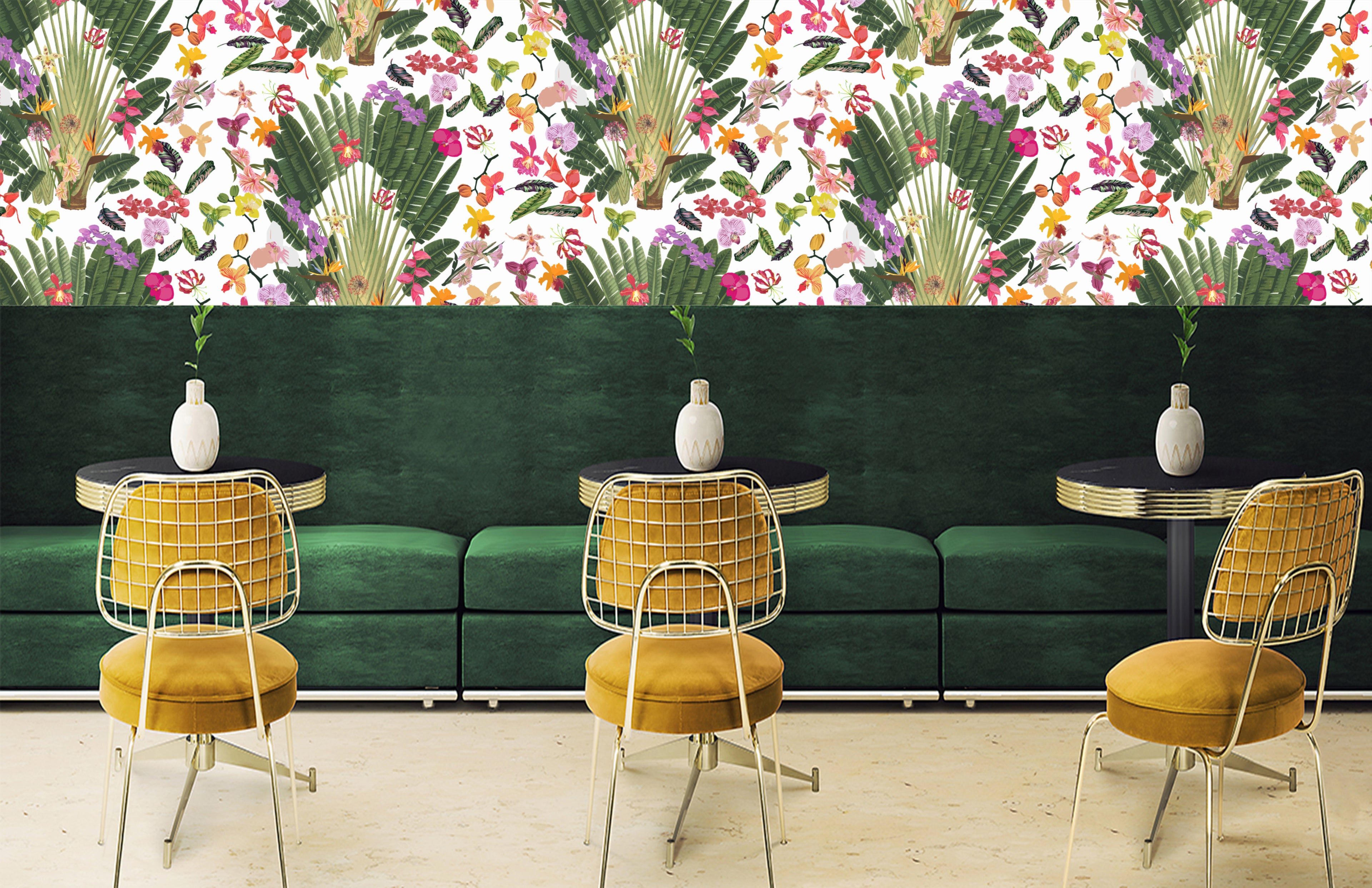 Papier peint blanc fantaisie tropical, au mètre carré