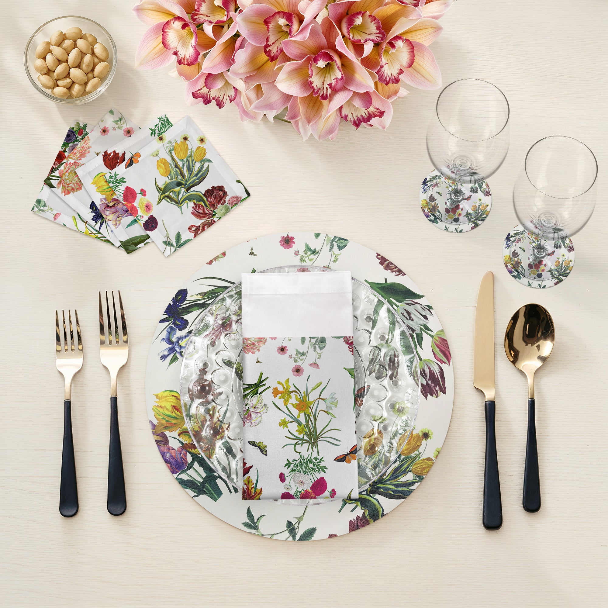 Flora Fauna White Vegan Leather Round Pebble Placemat - nicolettemayer.com