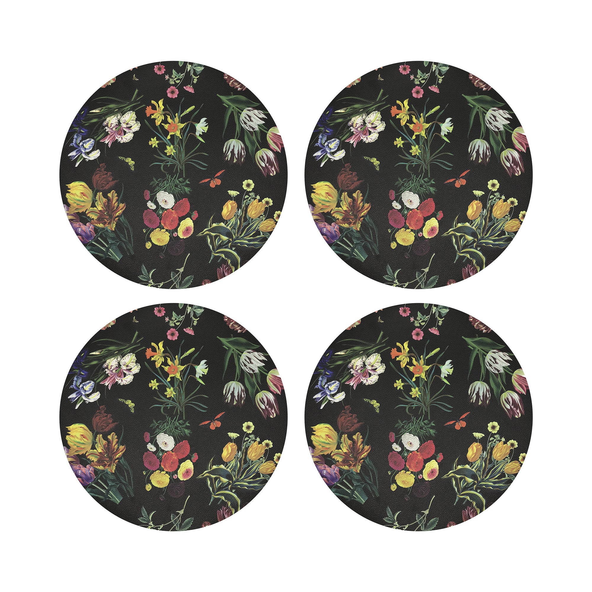 Flora Fauna Black 16" Round Pebble Placemats, Set of 4 - nicolettemayer.com