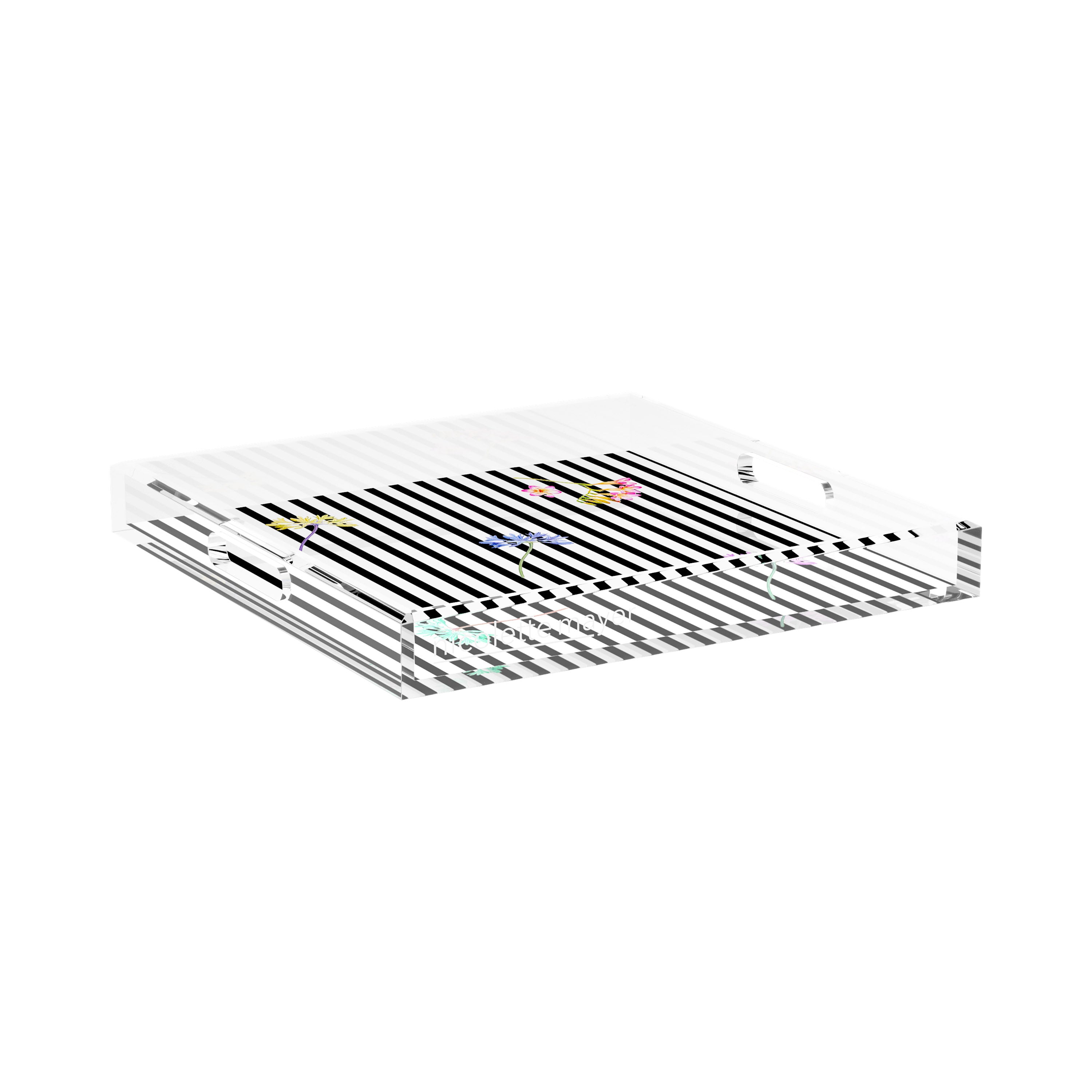 Black Floral Stripes 15X15 Acrylic Tray - nicolettemayer.com