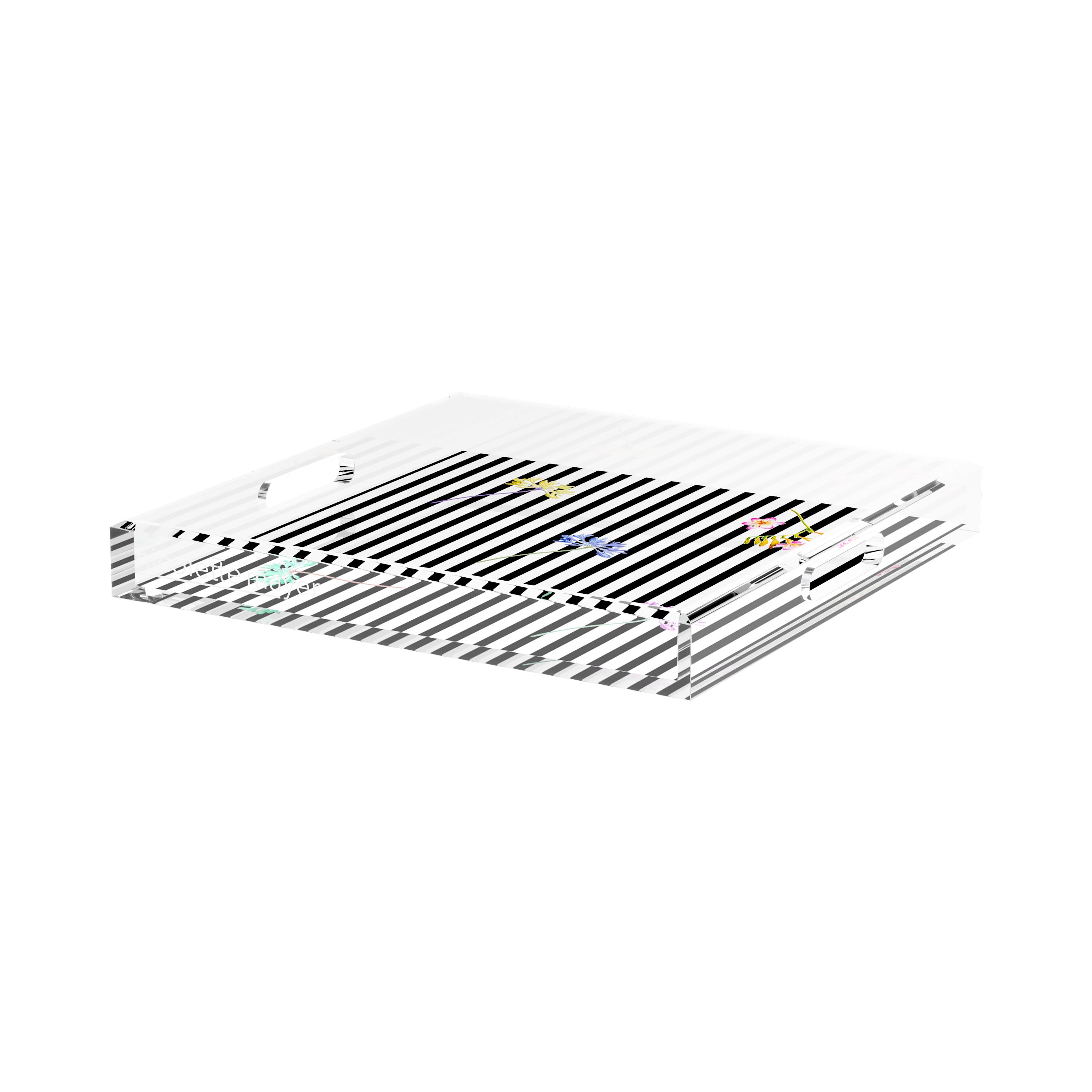 Black Floral Stripes 15X15 Acrylic Tray - nicolettemayer.com