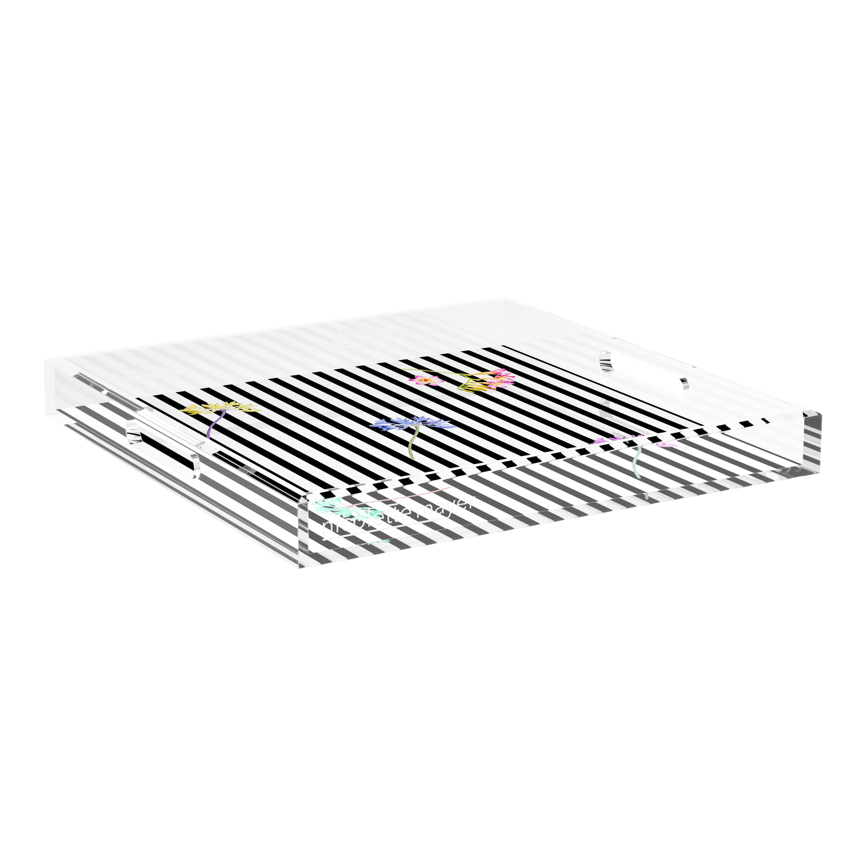 Black Floral Stripes 18X18 Acrylic Tray - nicolettemayer.com