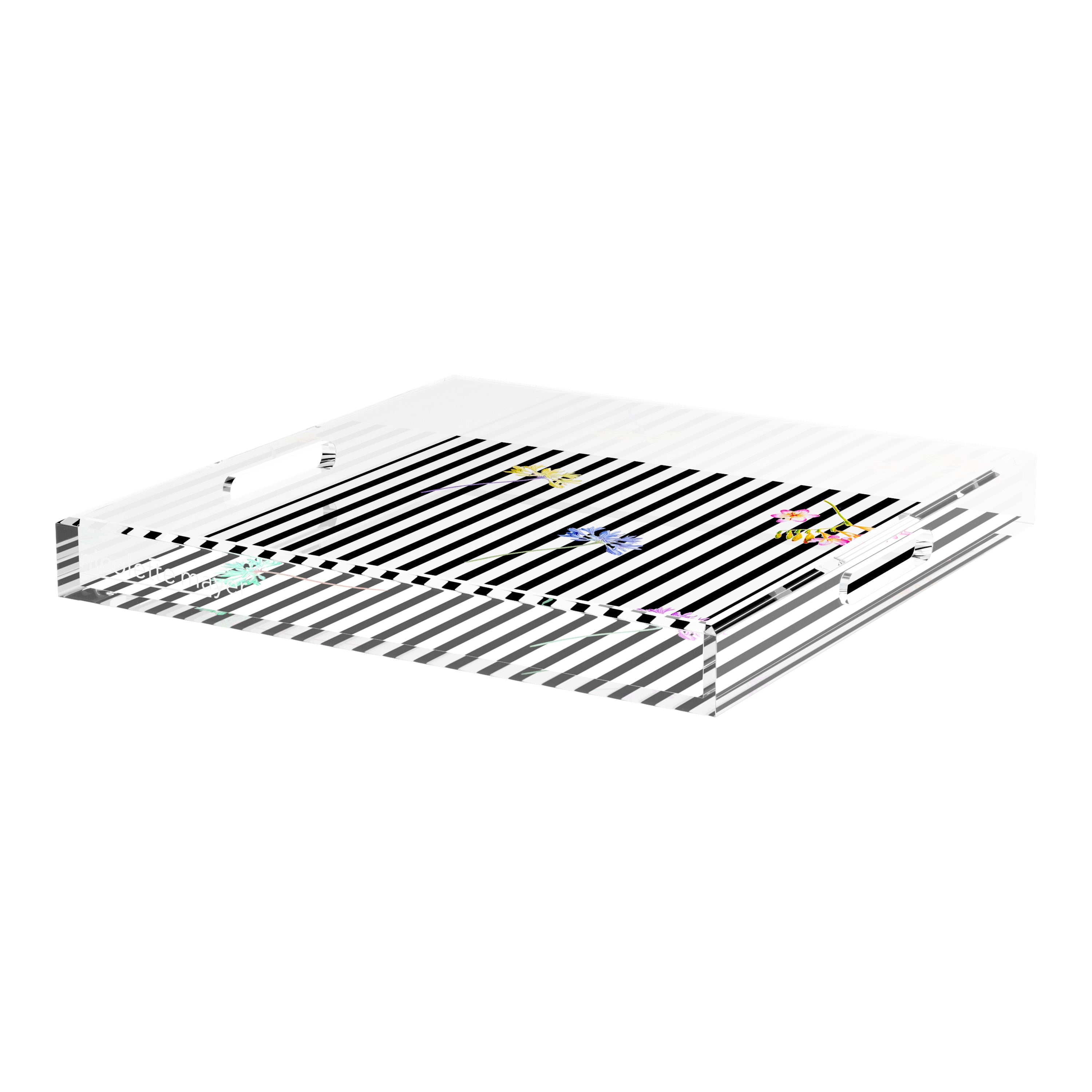 Black Floral Stripes 18X18 Acrylic Tray - nicolettemayer.com