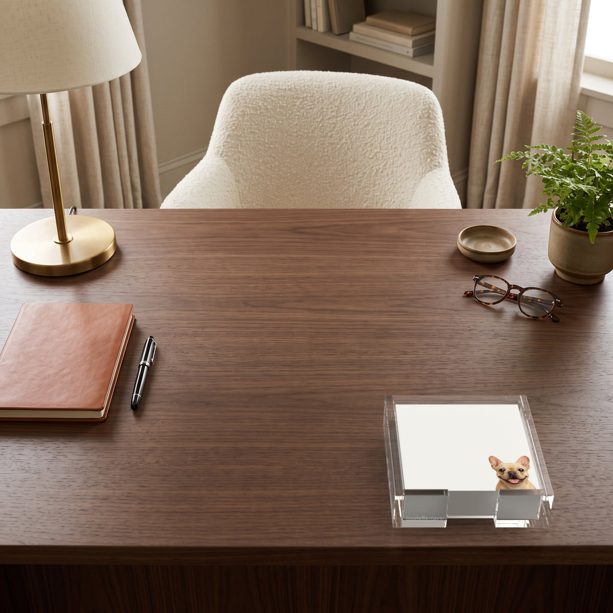 French Bulldog note cards in a clear acrylic holder on a walnut desk, by Nicolette Mayer
