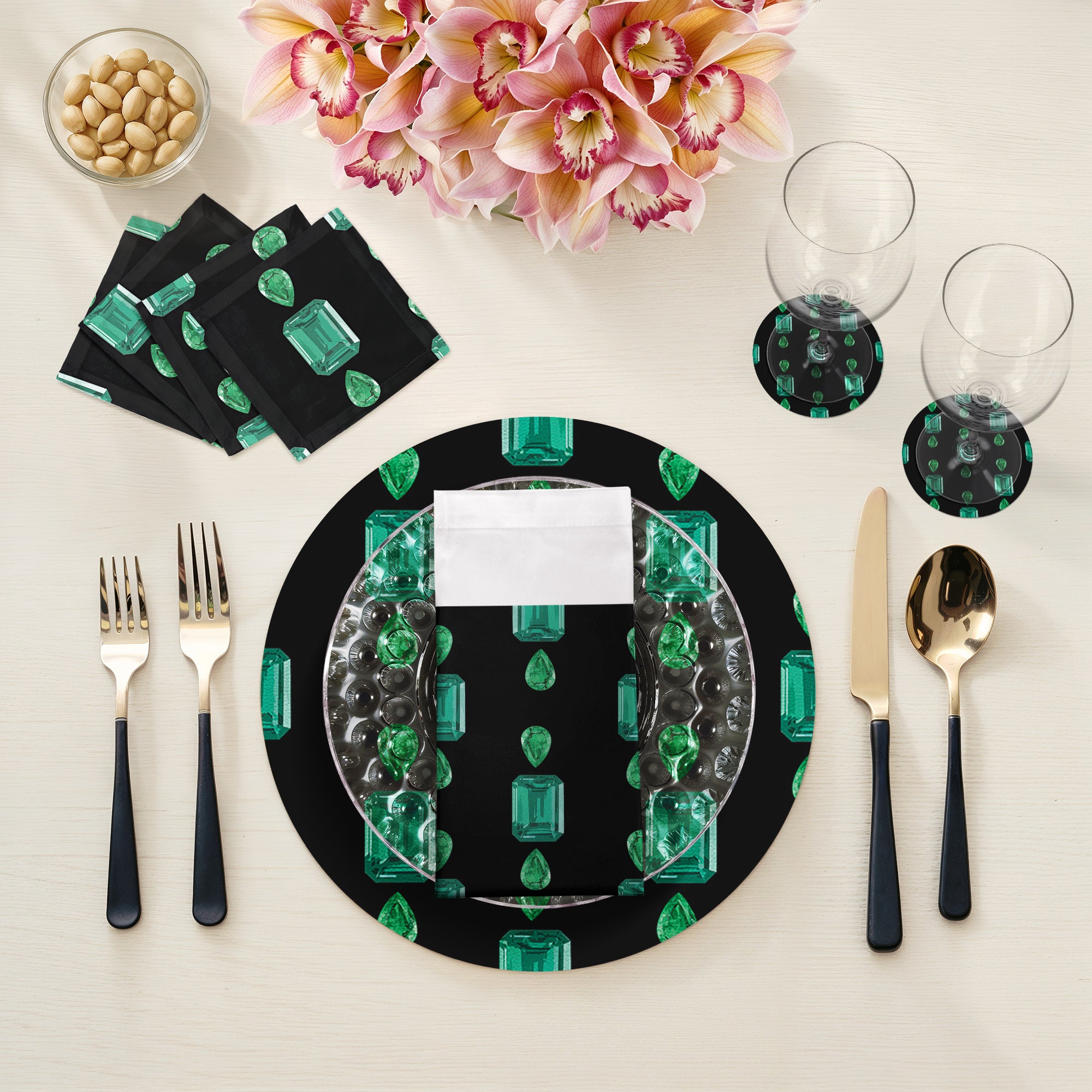 Gem Emeralds Black 16" Round Pebble Placemats, Set of 4 - nicolettemayer.com