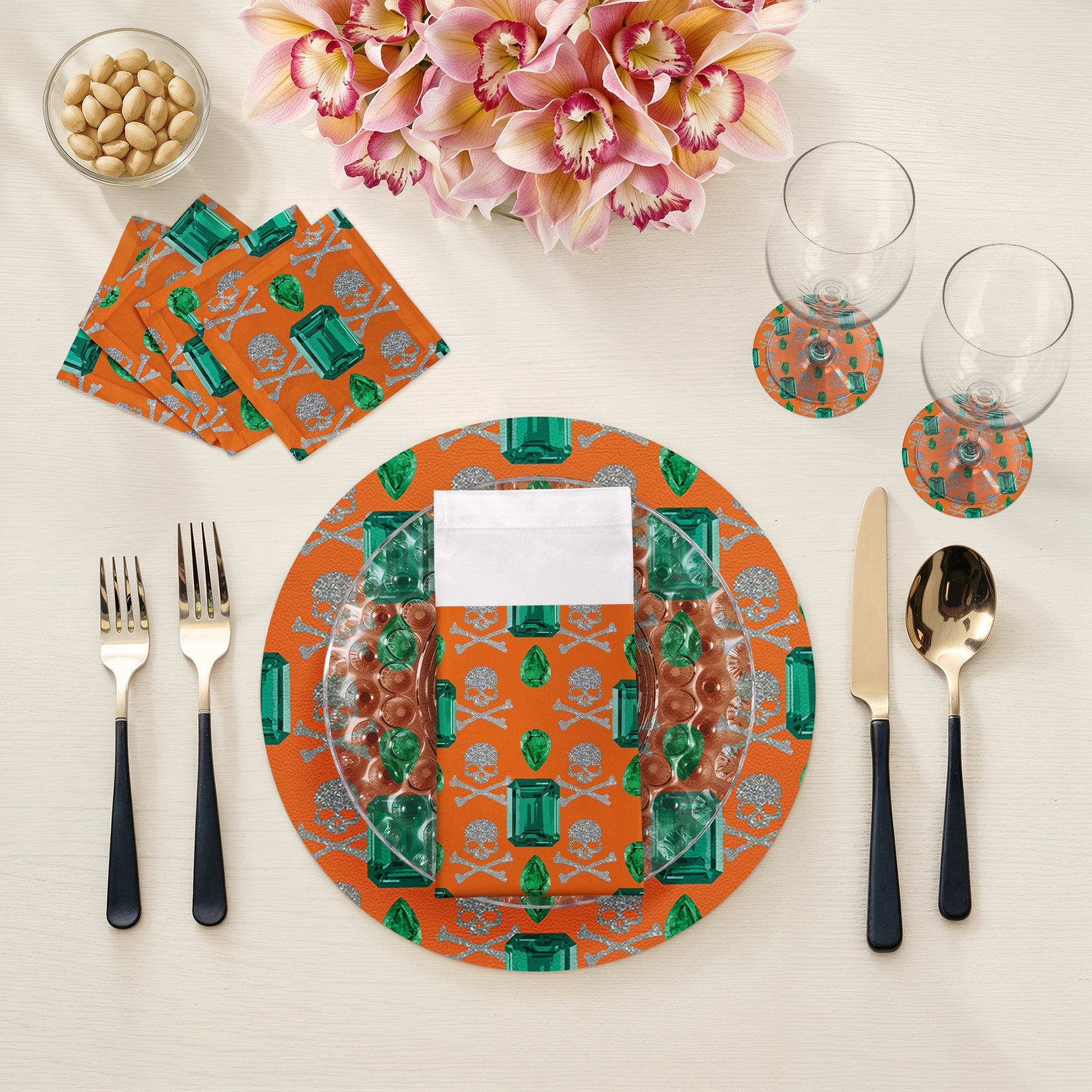 Gem Emeralds Skull Orange 16" Round Pebble Placemat Set of 4 - nicolettemayer.com