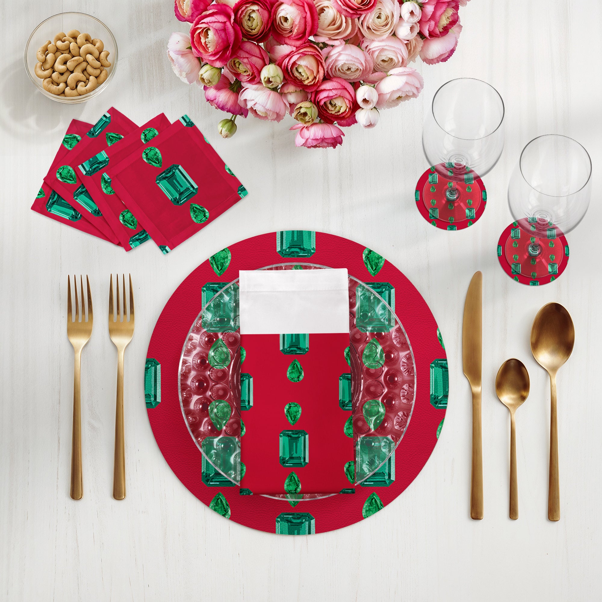 Gem Emeralds Red Vegan Leather Round Pebble Placemat