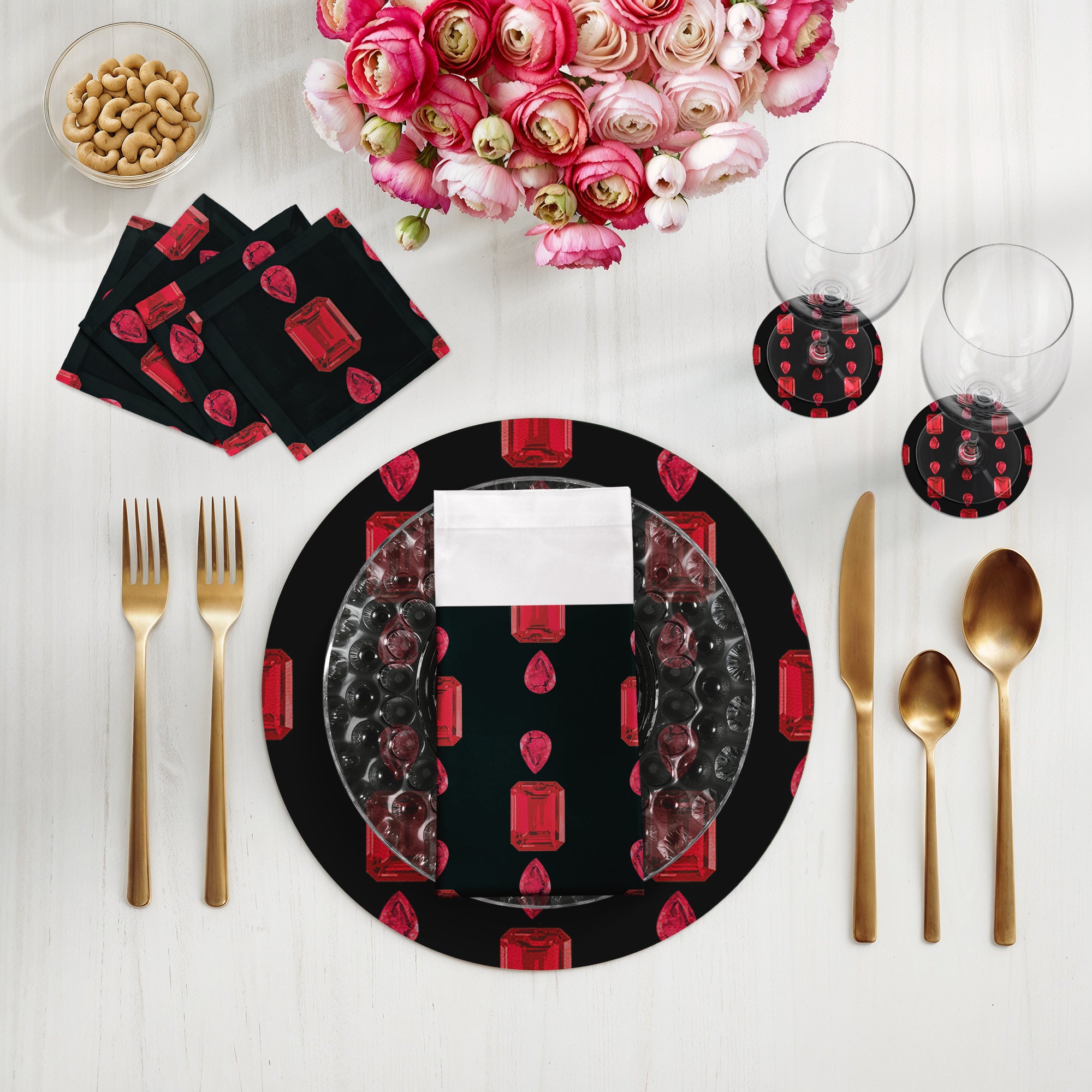 Gem Rubys Black Vegan Leather Round Pebble Placemat