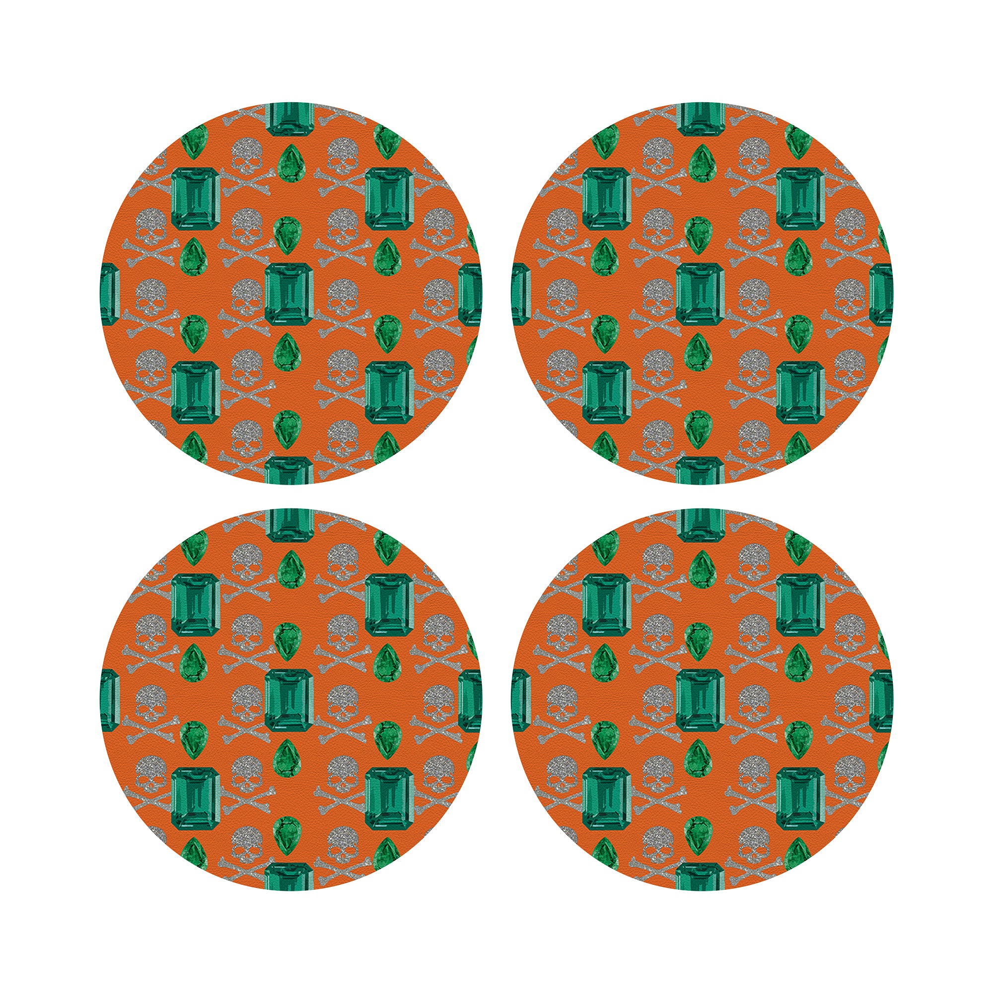 Gem Emeralds Skull Vegan Leather Round Pebble Placemat - nicolettemayer.com
