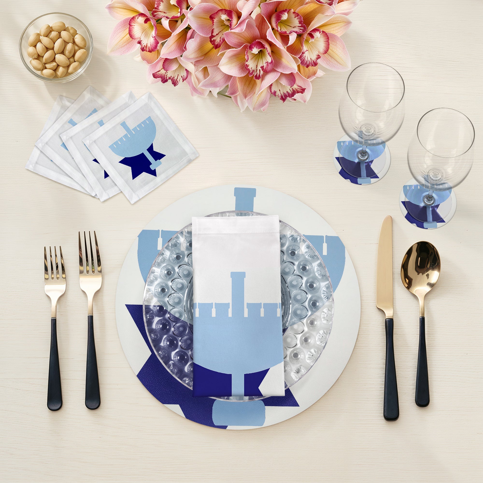 Hanukkah Menorah Vegan Leather Round Coasters
