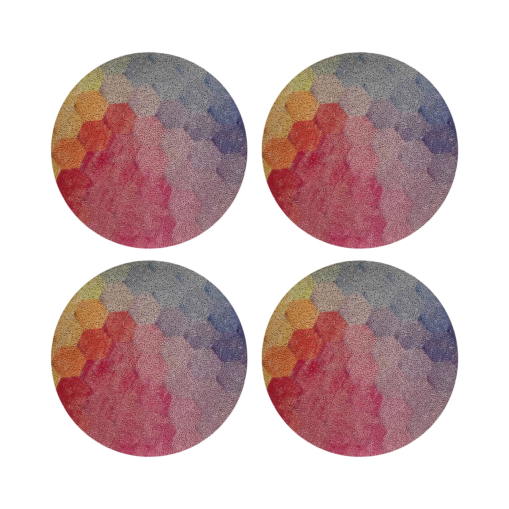 Hex Red Orange Blue Round Beaded Placemat Rough Cut