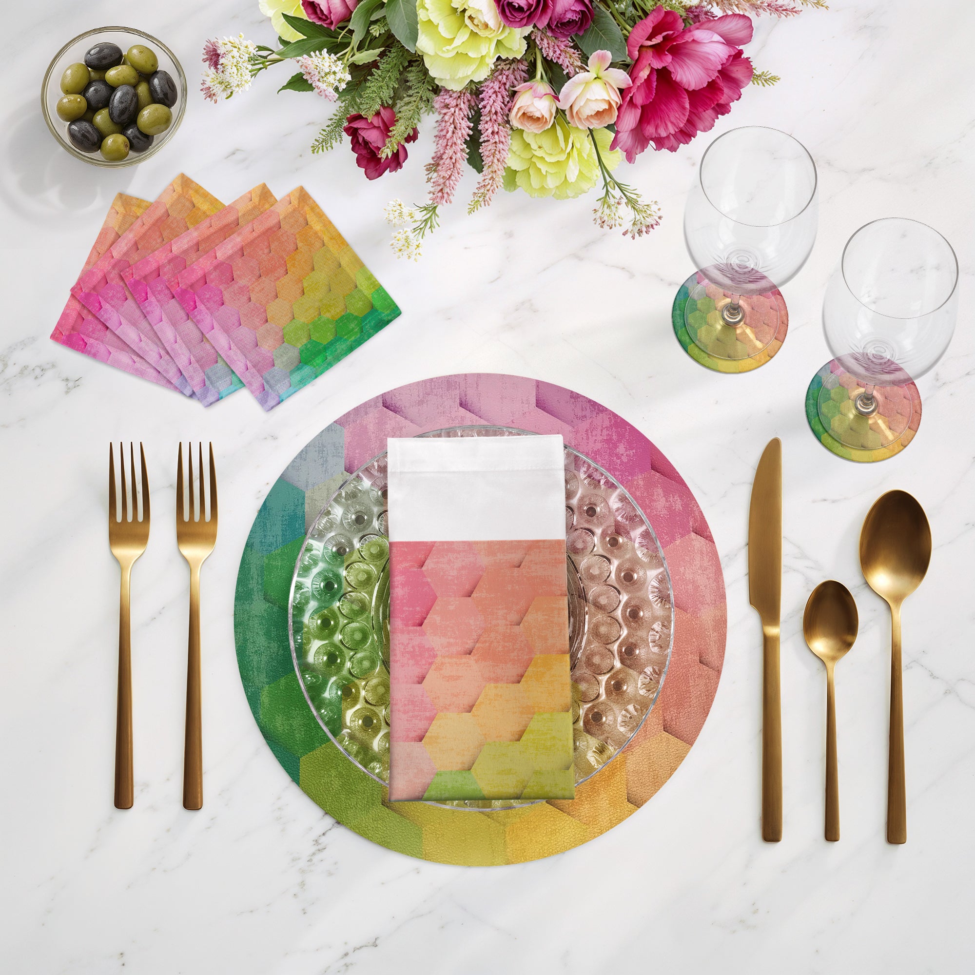Hex Pink Yellow Green 16" Round Pebble Placemats, Set of 4 - nicolettemayer.com