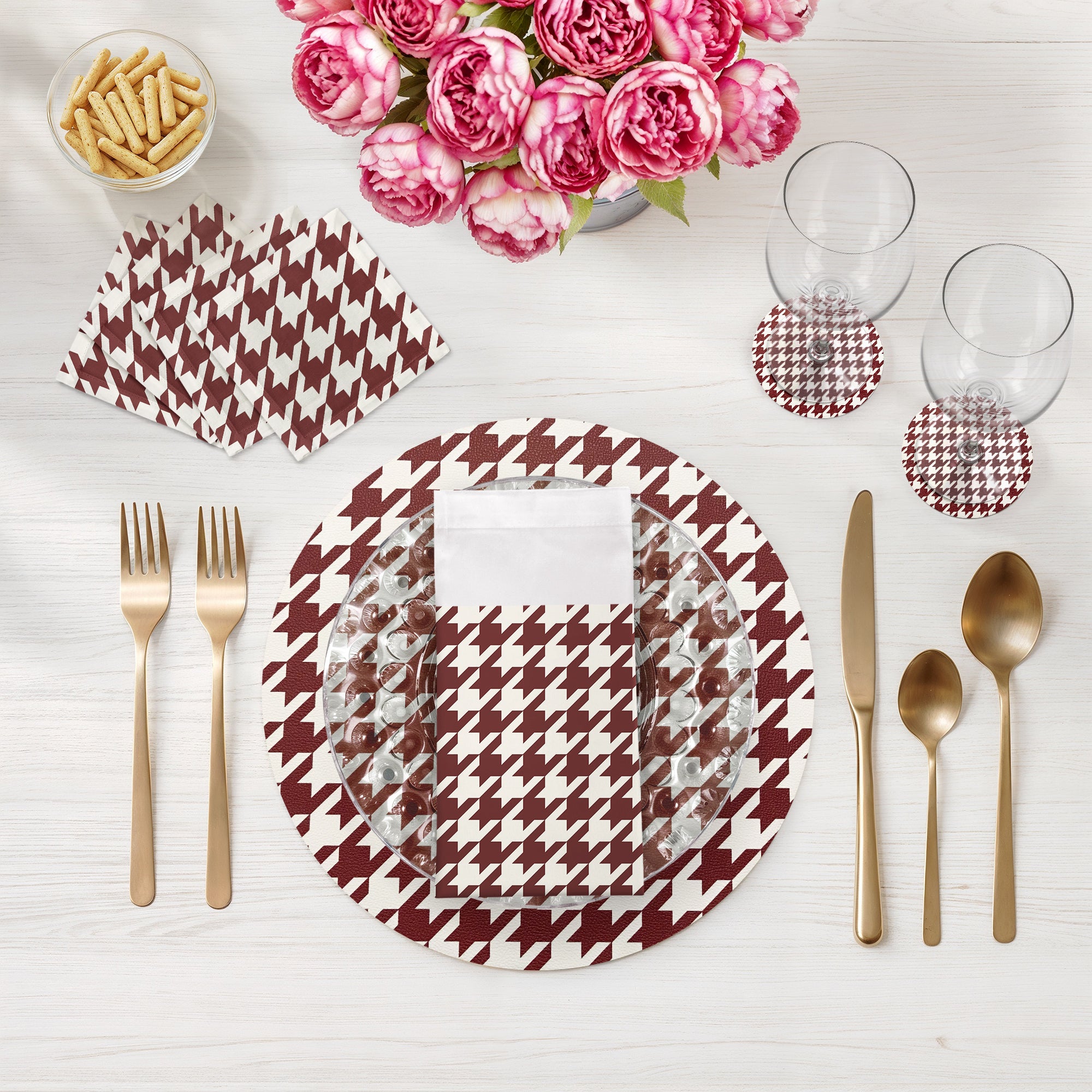 SET DE TABLE RONDS PIED-DE-POULE ROUGE BLANC 16 GALETS, LOT DE 4