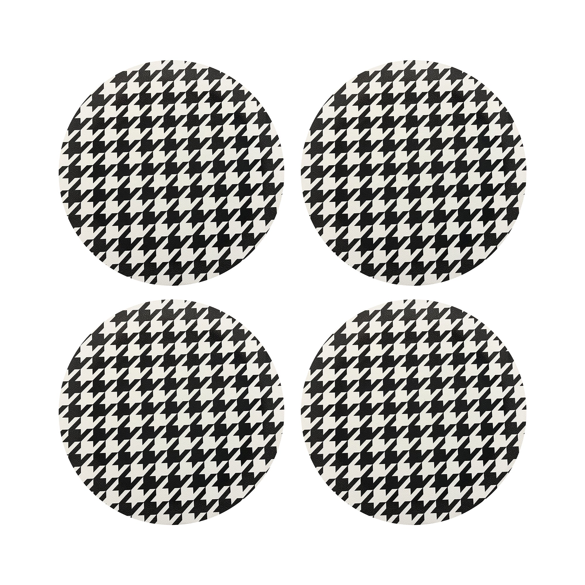 Houndstooth Black White Vegan Leather Round Pebble Placemat