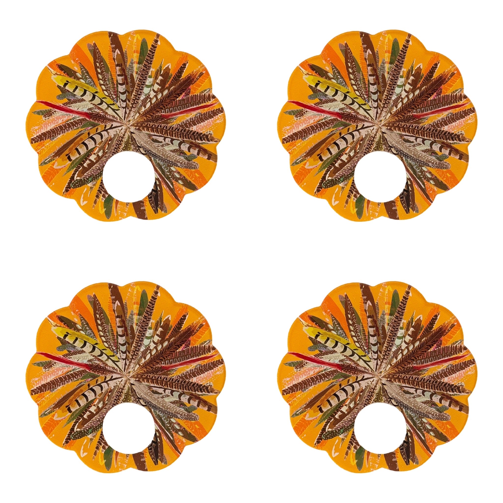 Pheasant Feathers Butternut Acrylic Scallop Napkin Ring - Set of 4