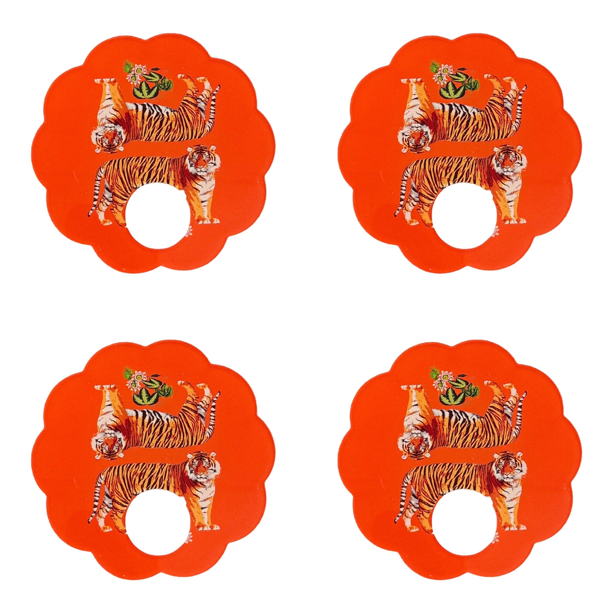 Tiger Seeing Double Orangerie Acrylic Scallop Napkin Ring - Set of 4