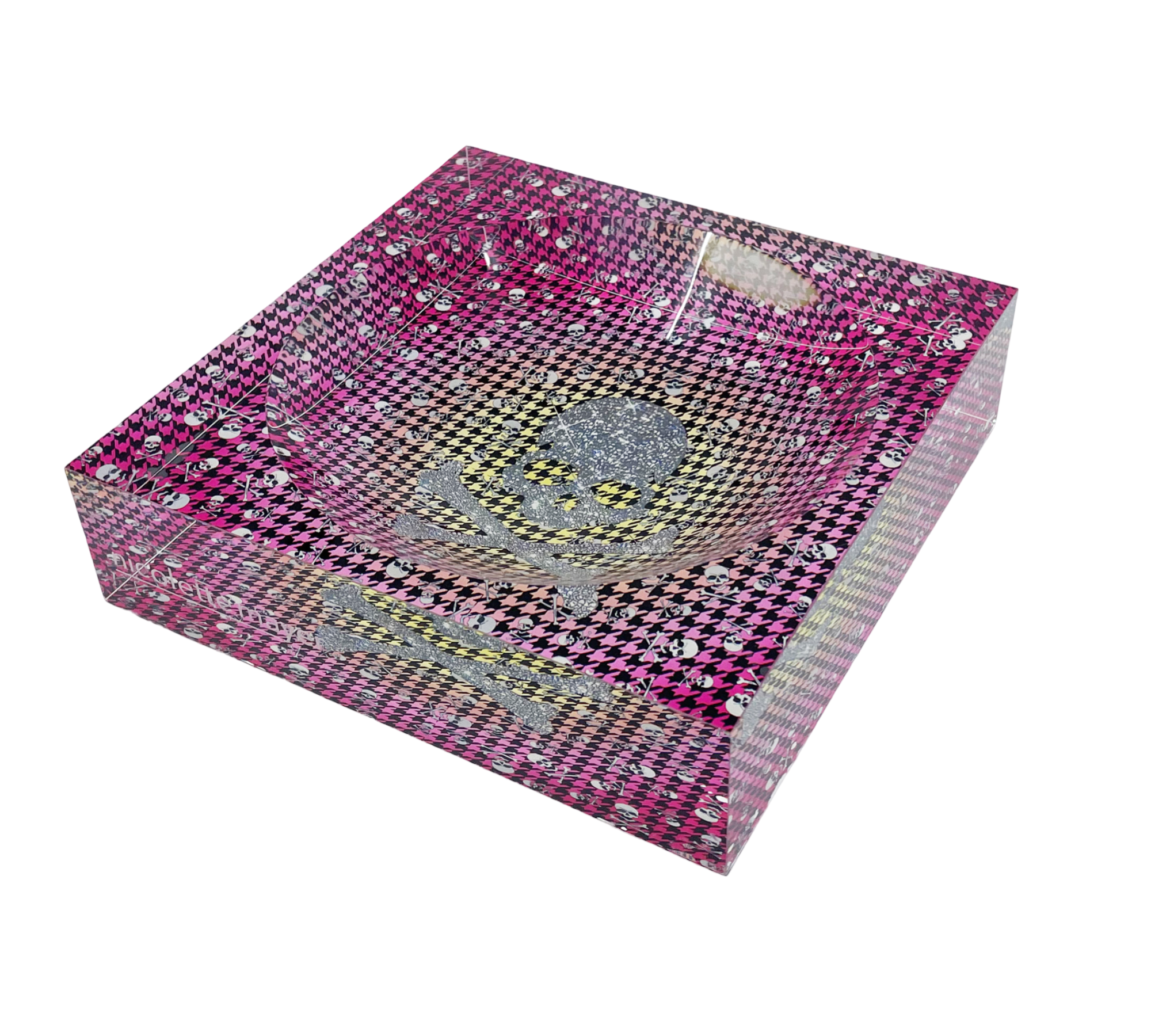 CrossBones Pink Yellow Houndstooth Acrylic Candy Catchall Dish