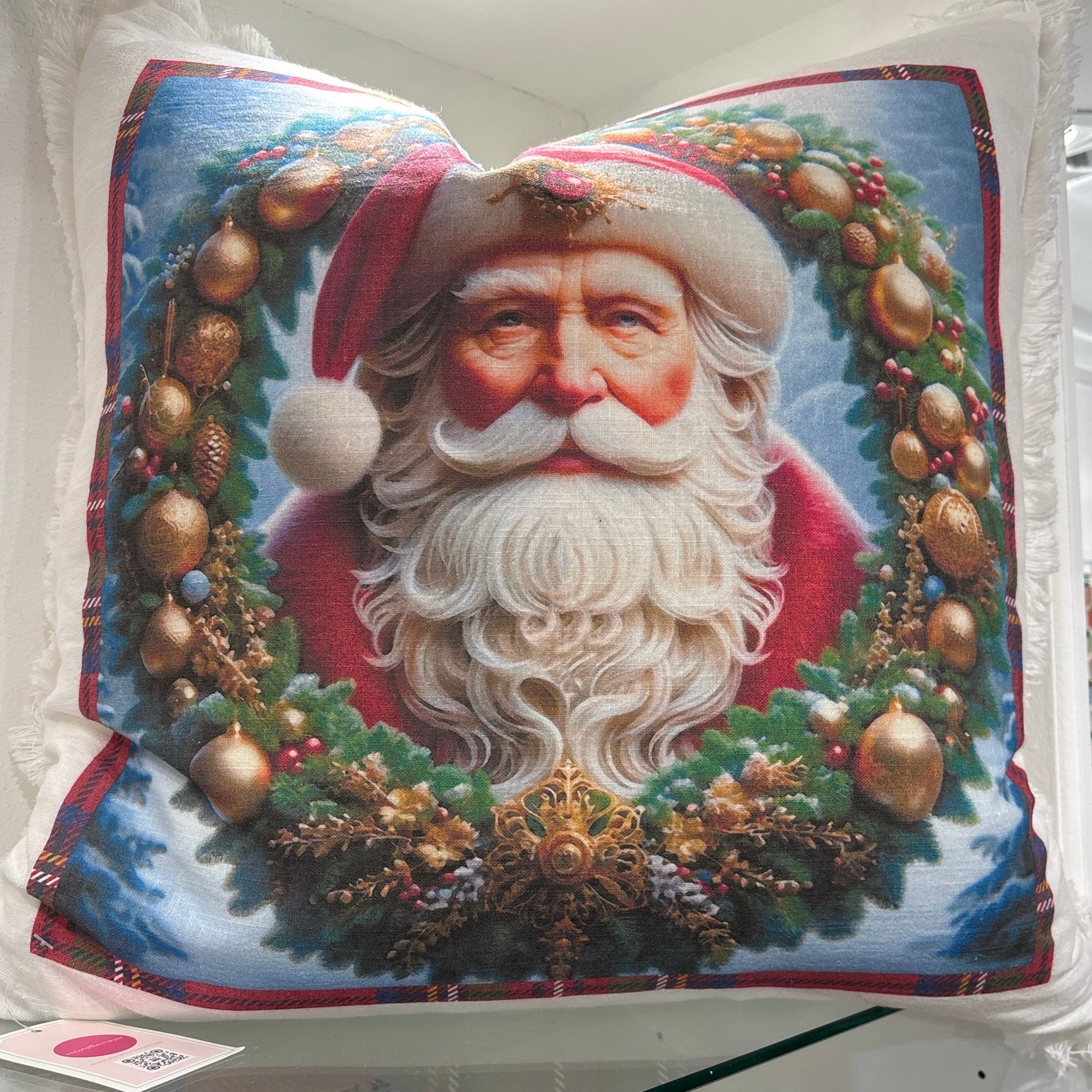 Santa Claus 22x22 White Fringe Pillow