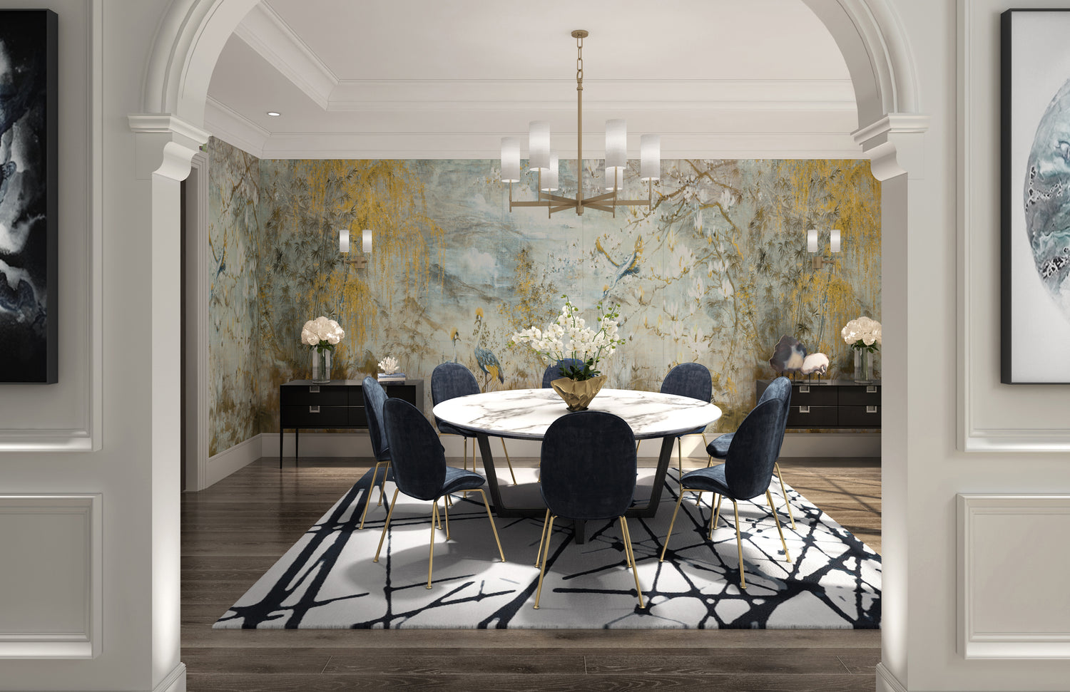 Crested Crane Wheat Blue Panel Set