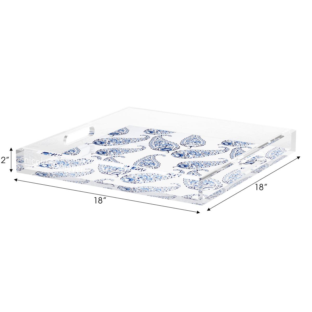 Indian Paisley Blue White Acrylic Decorative Tray, 18 x 18 in. by Nicolette Mayer